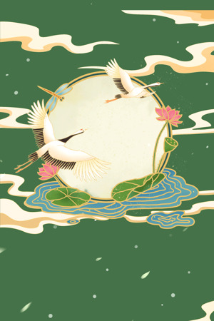 中式风格仙鹤与荷花插画背景