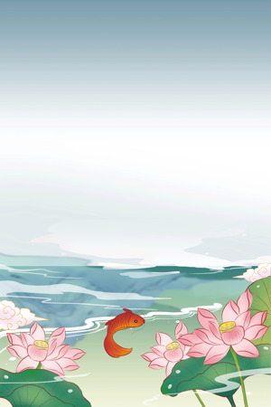 荷花与锦鲤的唯美插画背景
