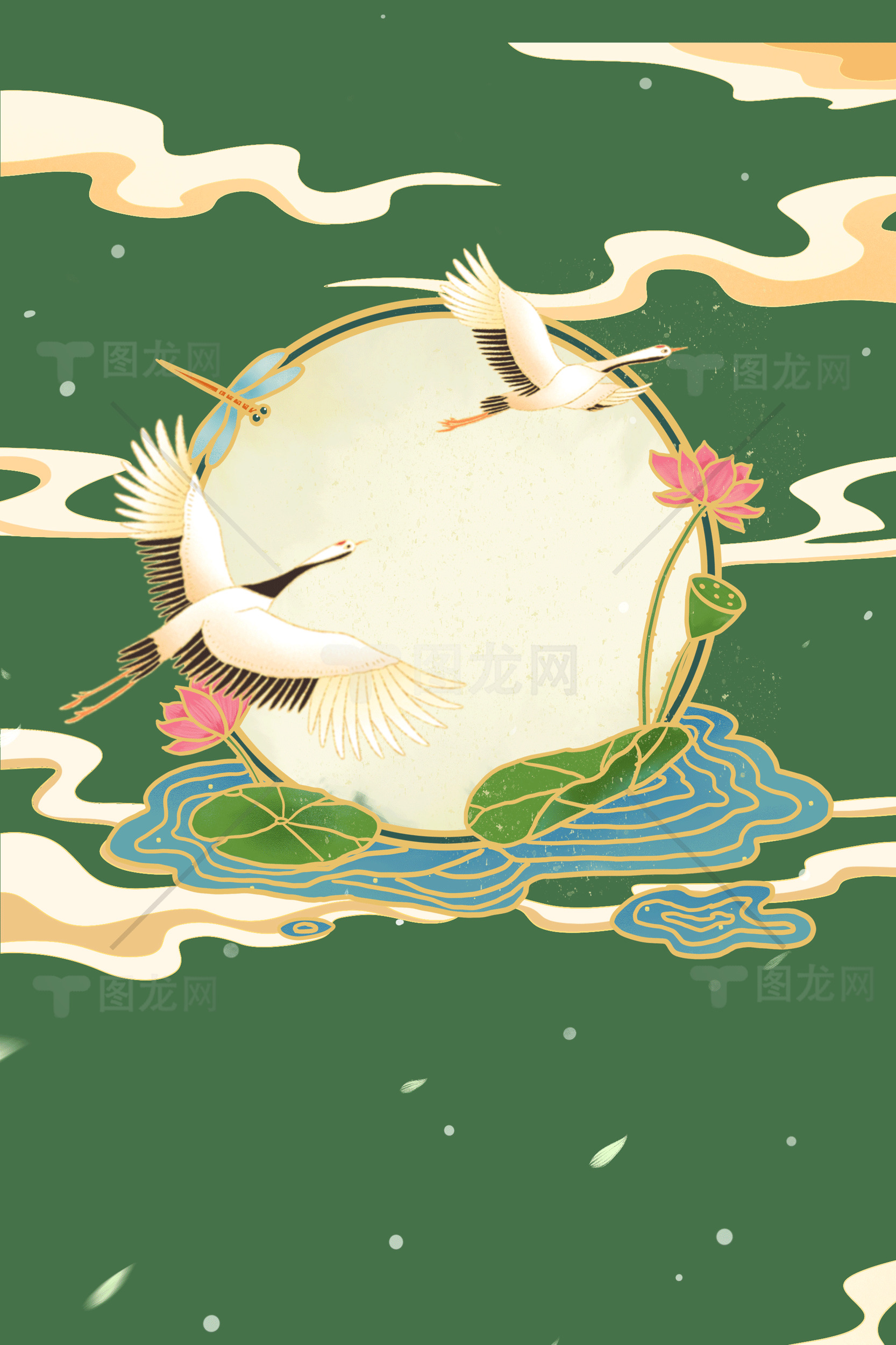 中式风格仙鹤与荷花插画背景素材