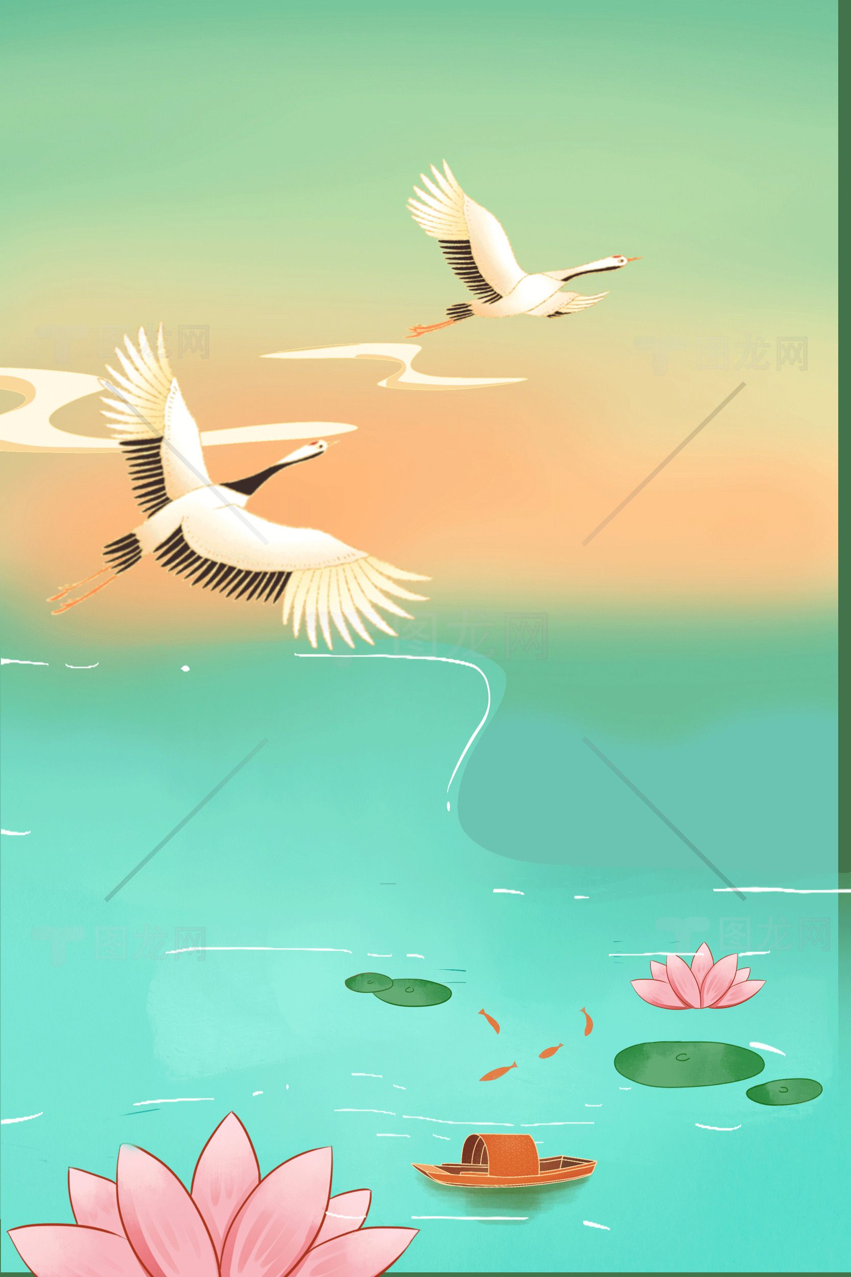 唯美水墨风格的鹤与荷花插画素材