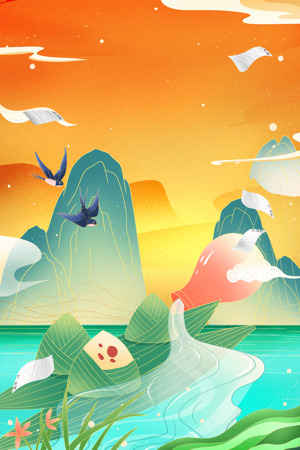 清新夏日插画：山水与纸鹤的和谐美景