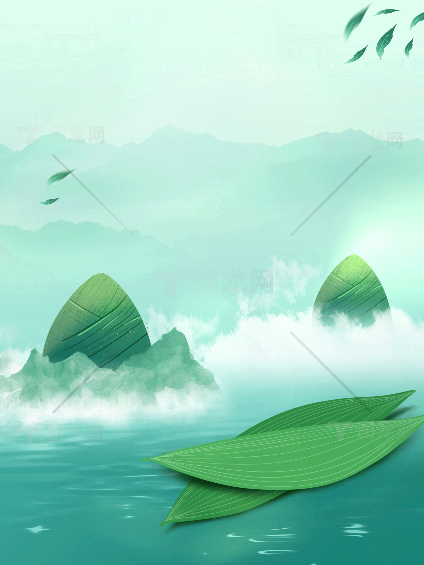 清新自然的竹叶与山水插画背景素材
