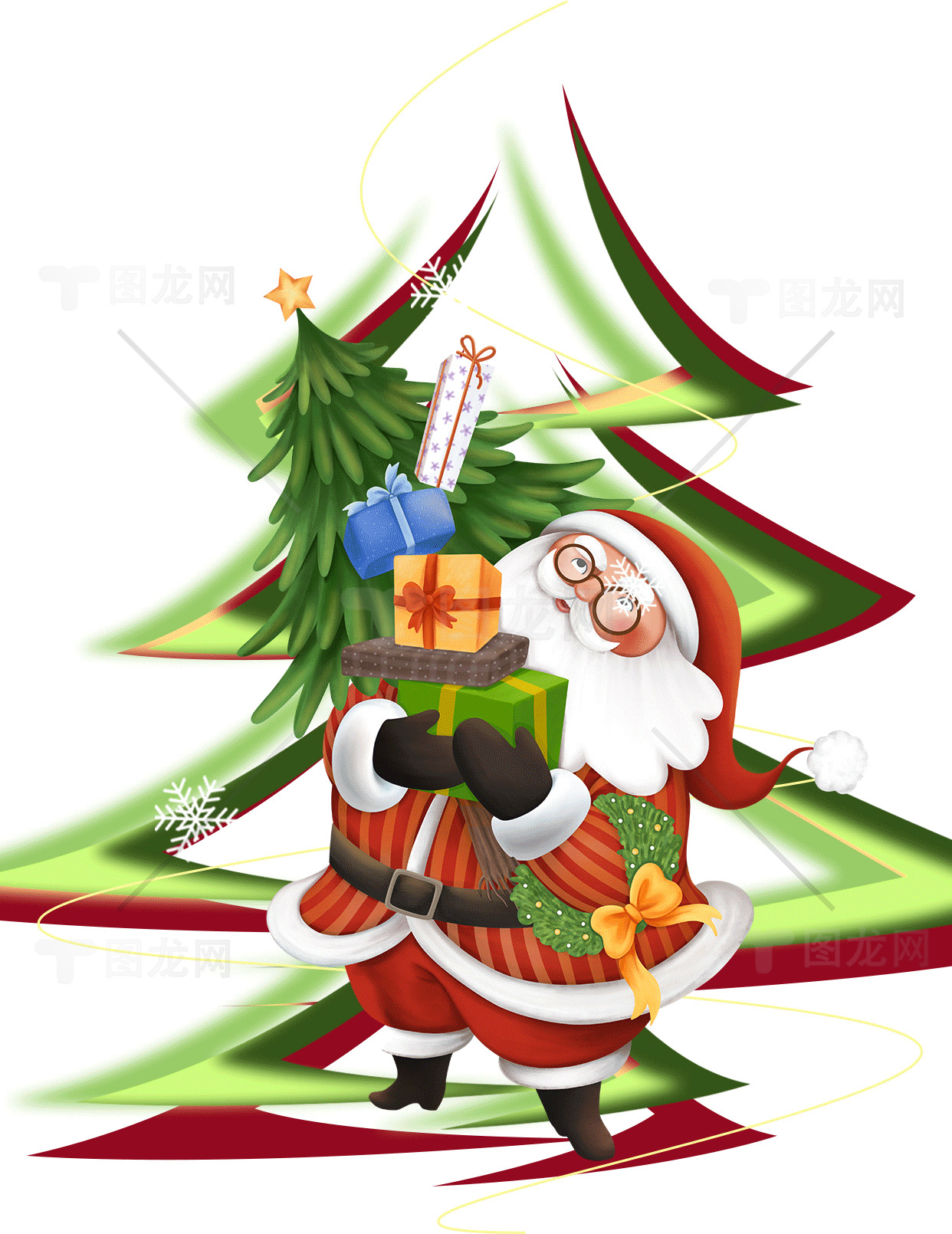 圣诞树与圣诞老人插画素材
