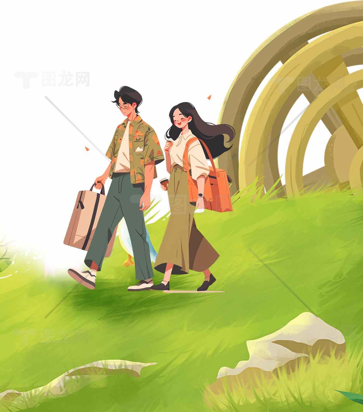 情侣户外旅行插画素材