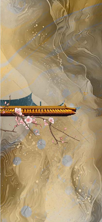 古风意境唯美壁纸：金色屋檐与樱花点缀素材