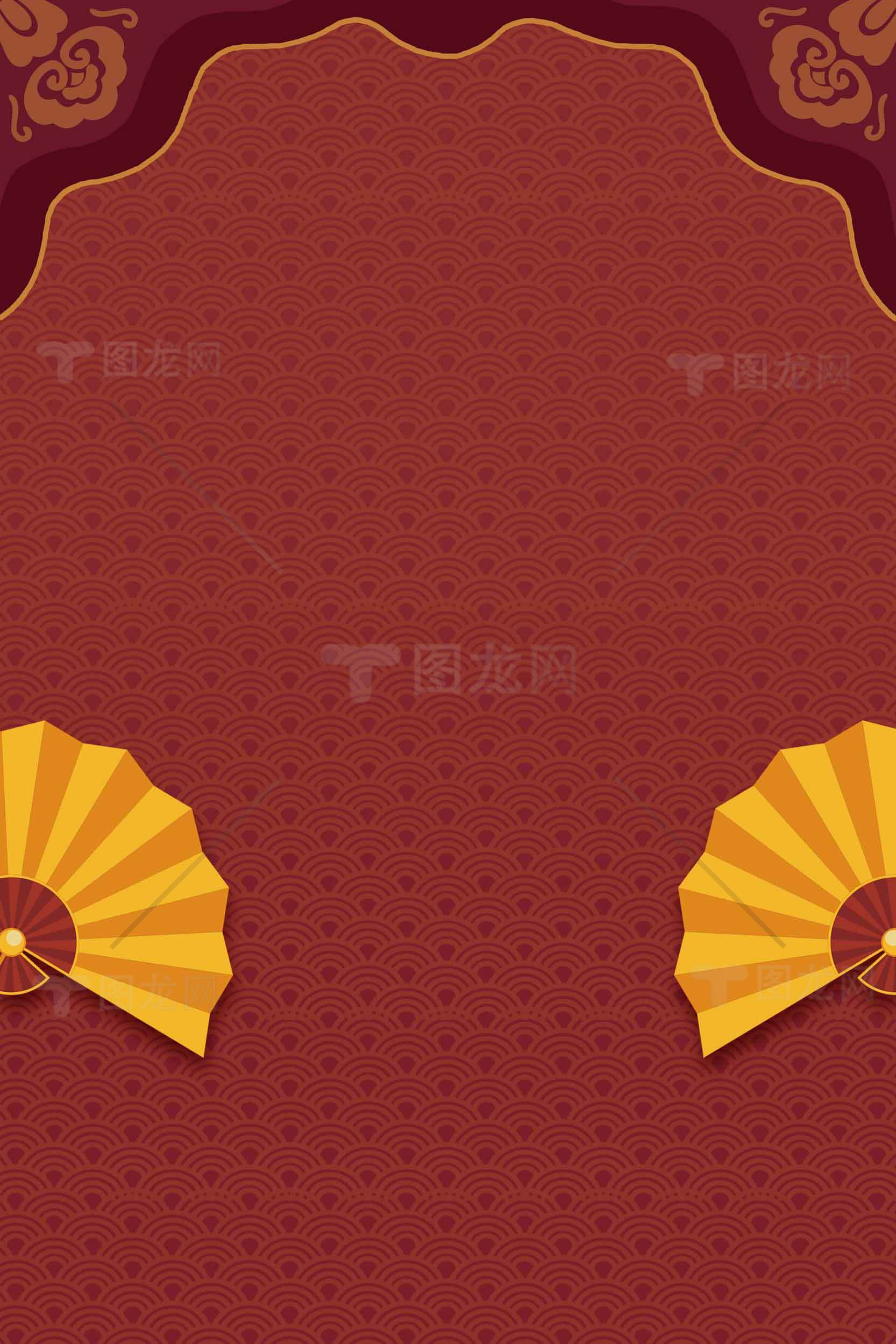 中国风红色背景与金色扇子设计素材