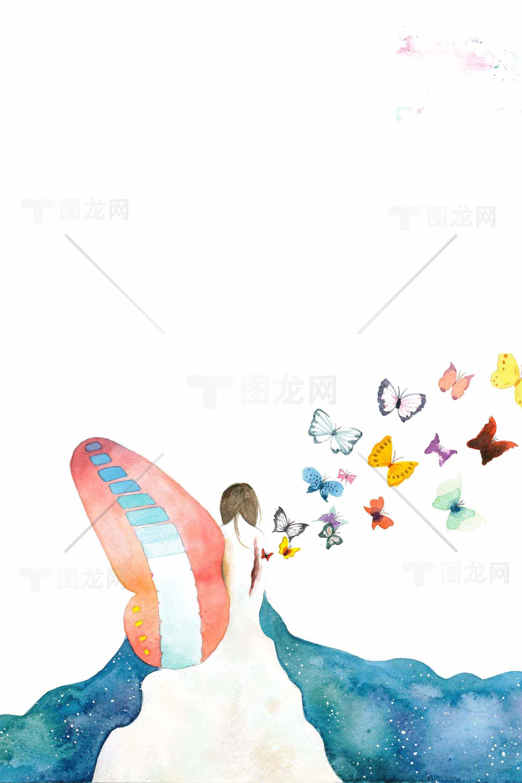 梦幻蝴蝶与少女的水彩插画艺术素材