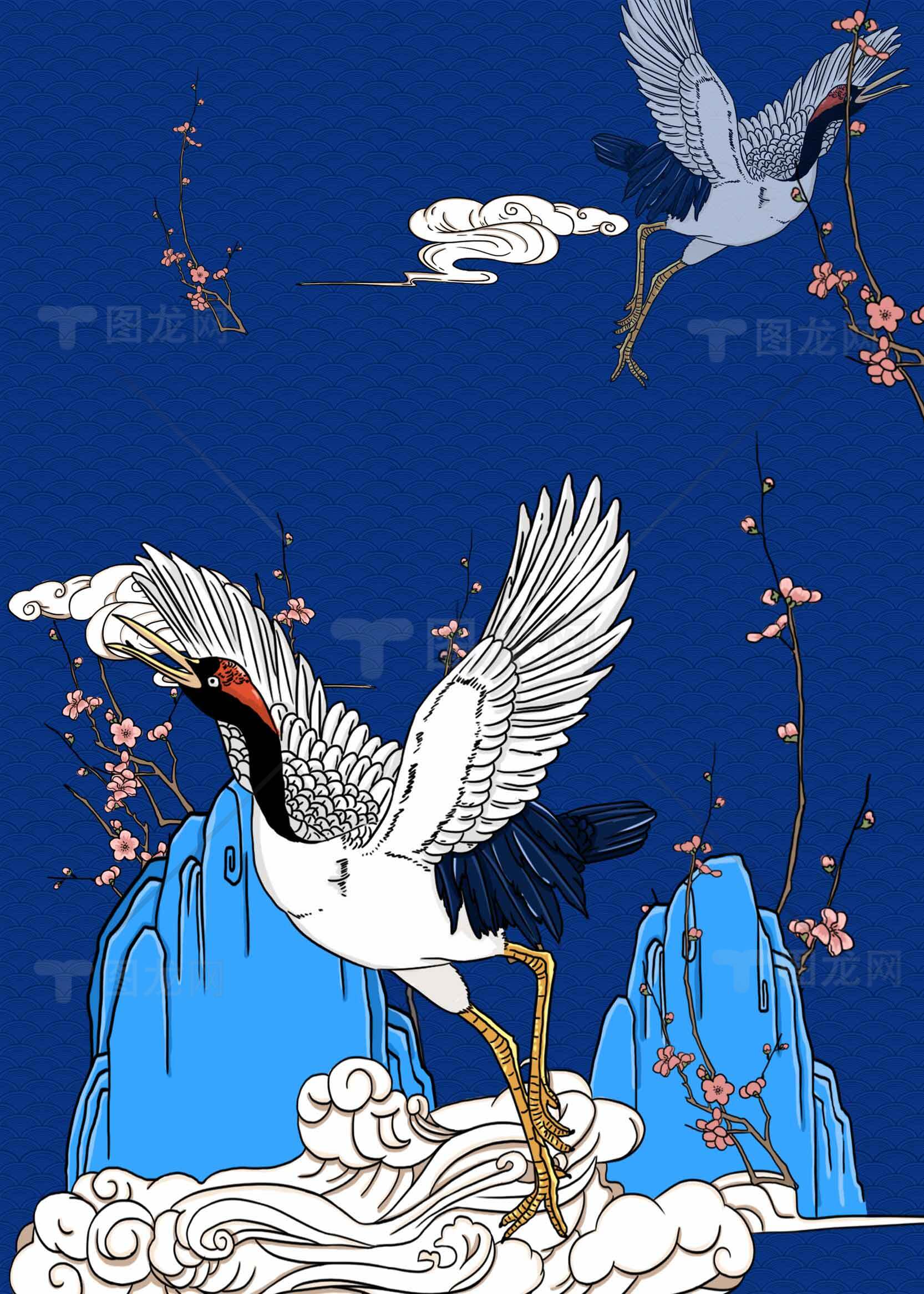 国风仙鹤与梅花意境插画高清图片素材