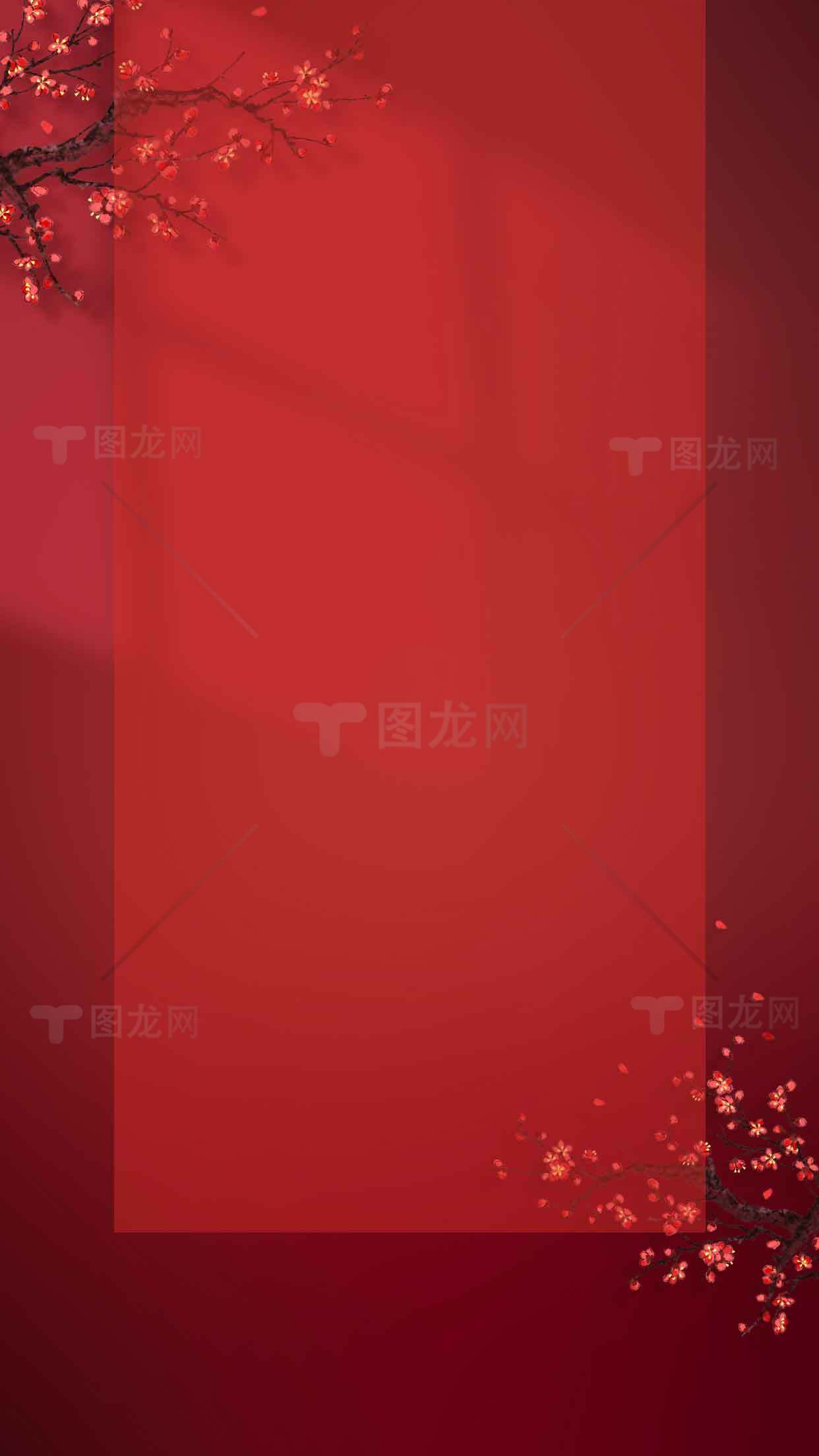 红色背景与樱花装饰的唯美设计图片素材