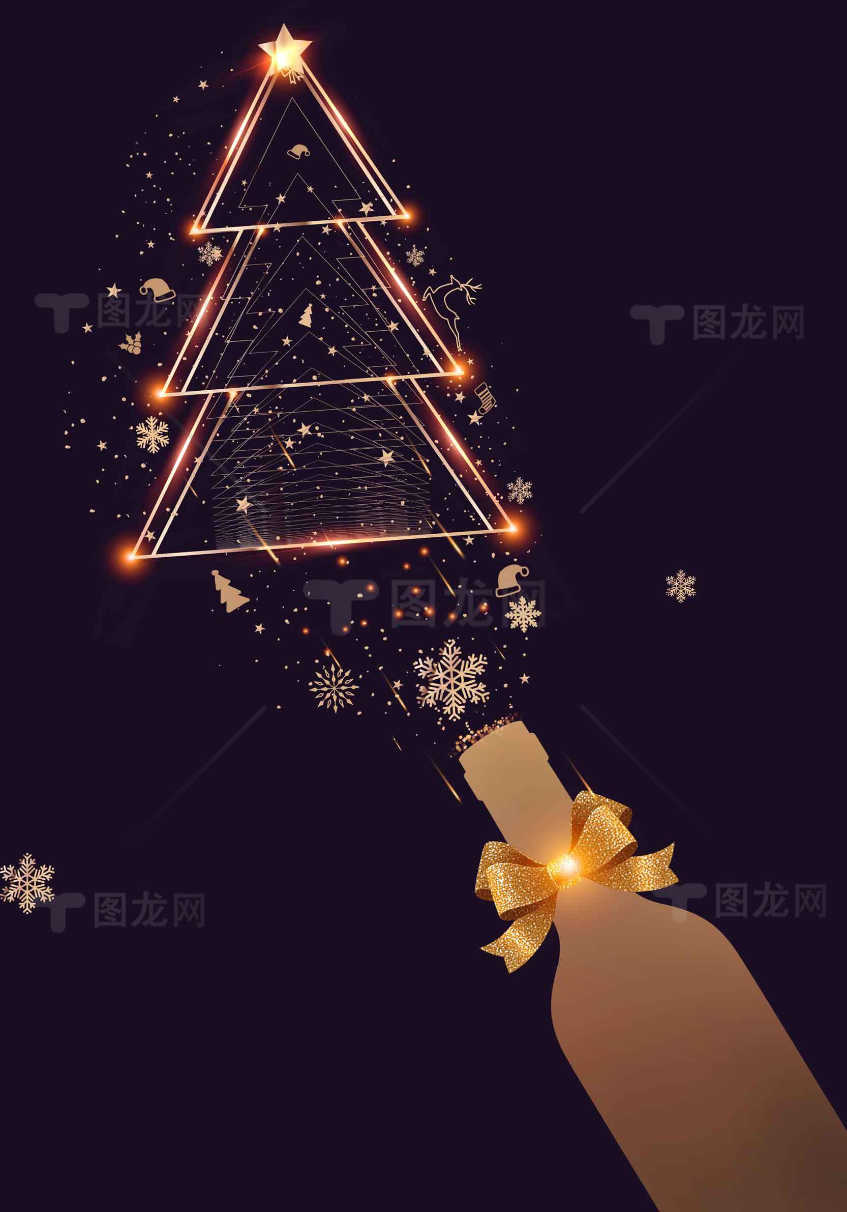 圣诞节创意酒瓶与金色圣诞树装饰图片素材