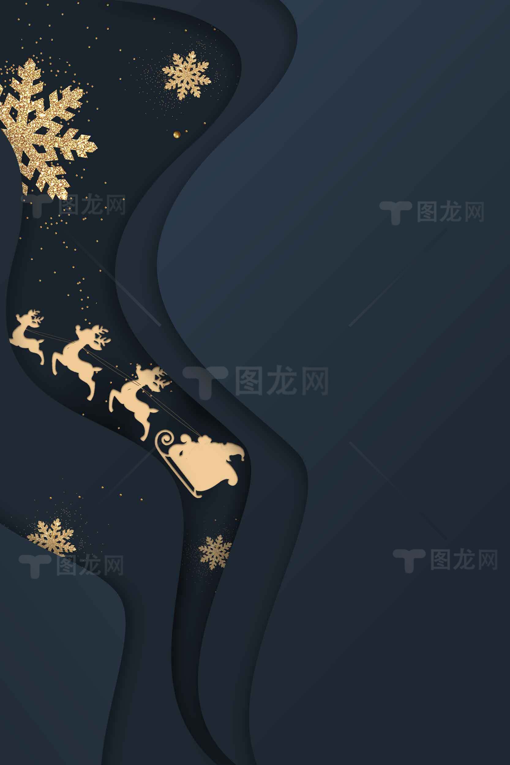 圣诞节金色雪花与驯鹿插画背景素材