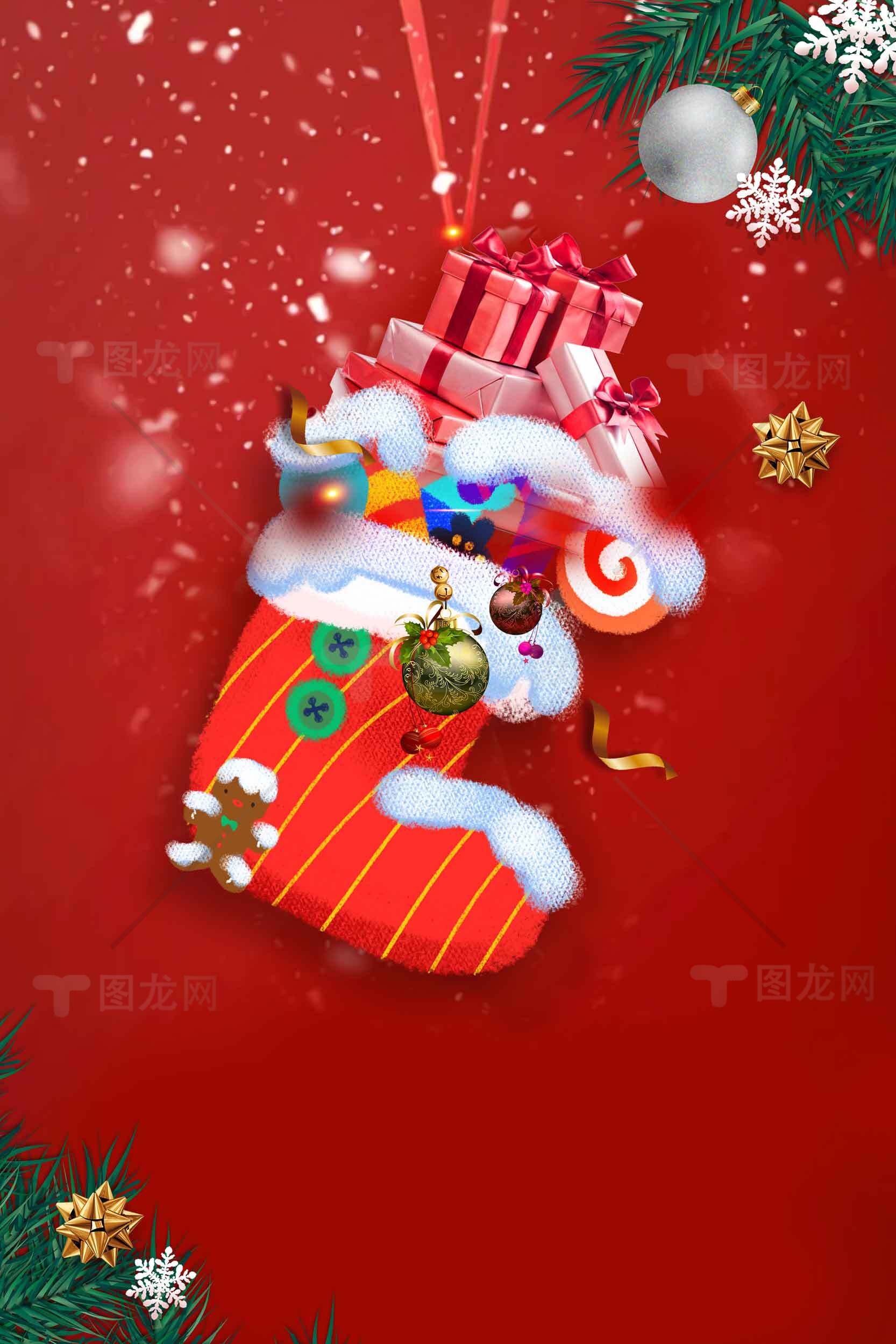 圣诞节红色背景的圣诞袜礼物装饰图片素材