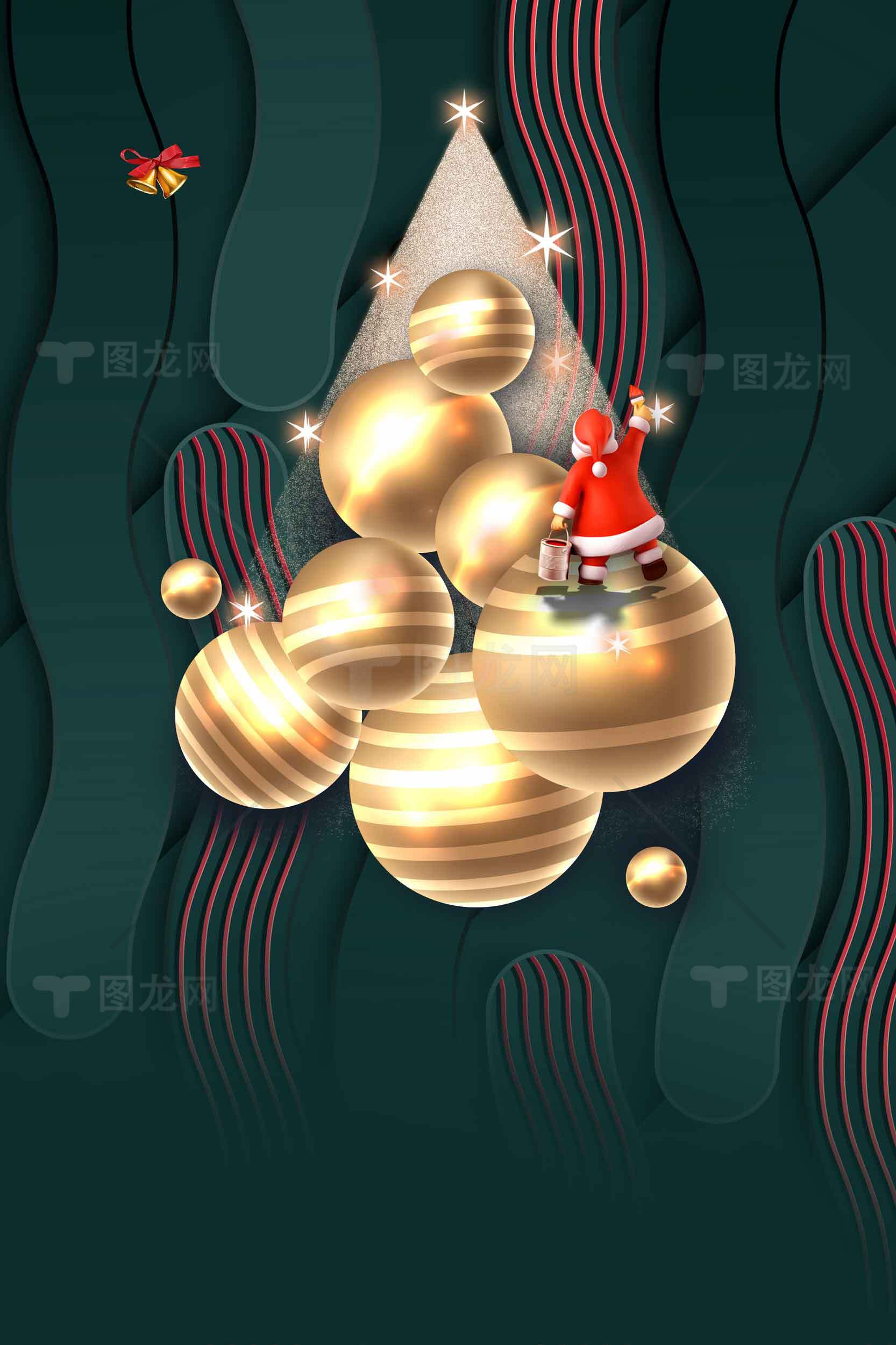 圣诞节金色装饰与圣诞老人创意背景图片素材