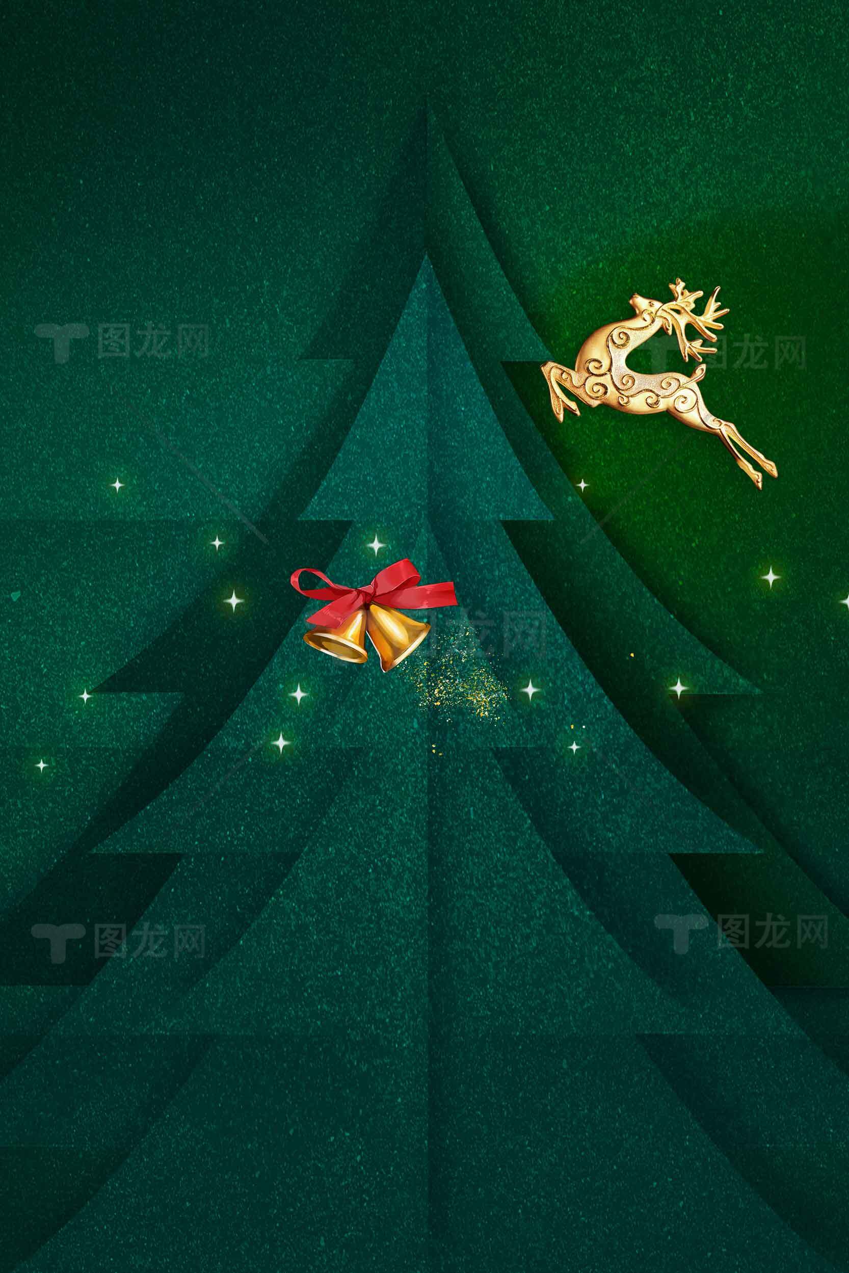圣诞节绿色背景图片：金色铃铛与麋鹿装饰素材