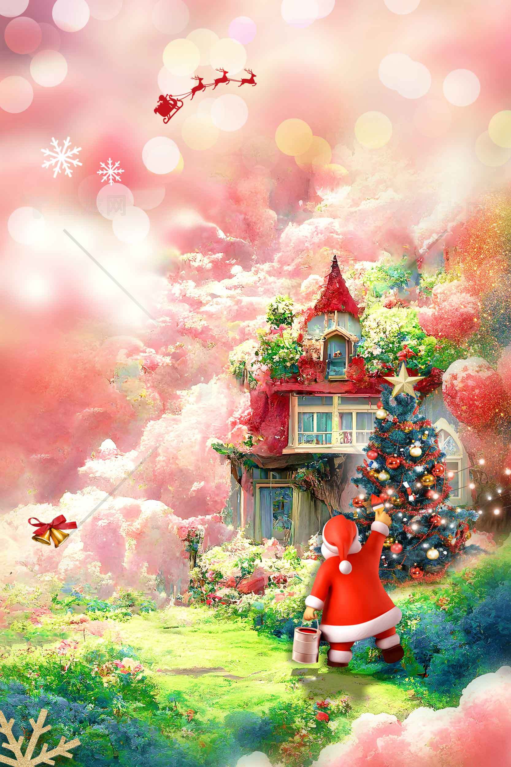 圣诞老人童话小屋梦幻场景图片素材