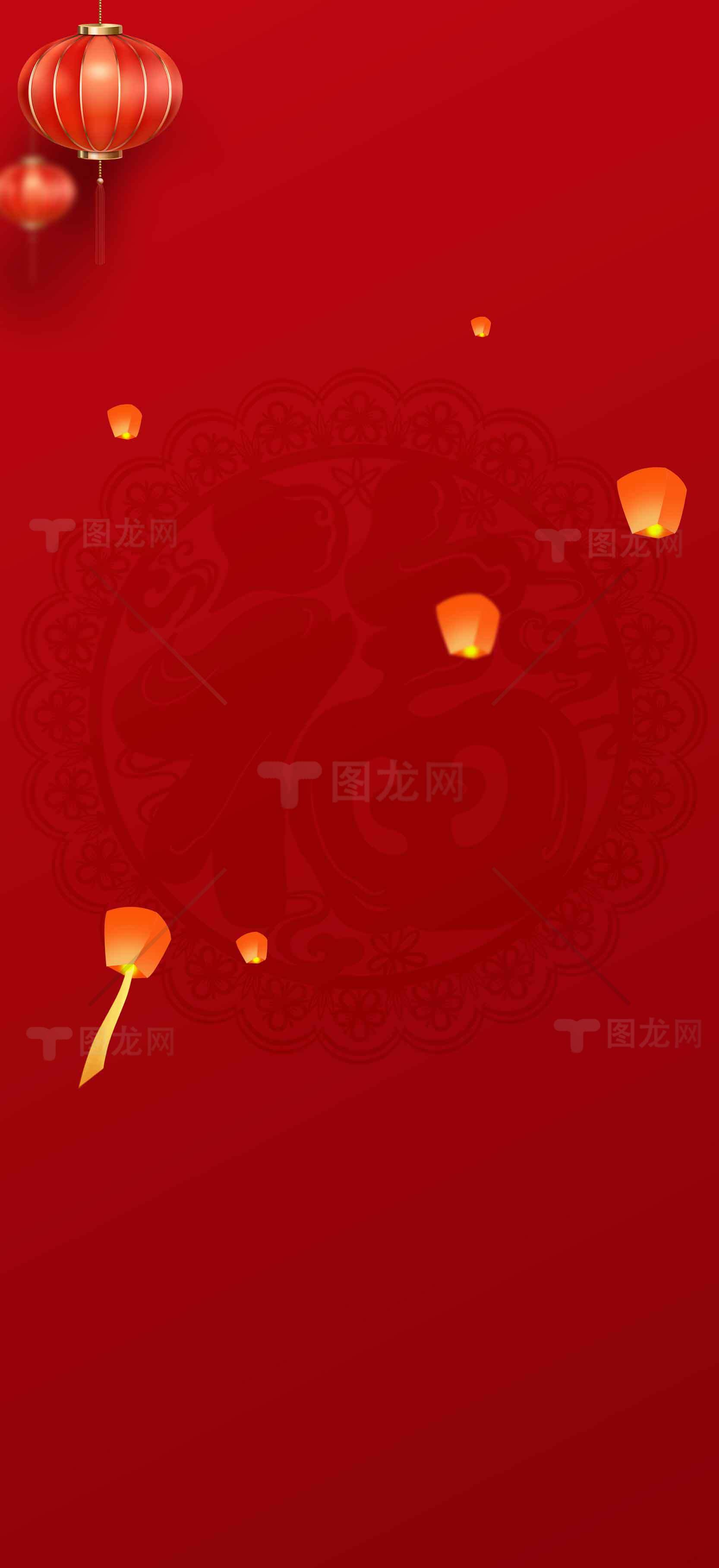春节红色背景图片-灯笼与孔明灯主题设计素材
