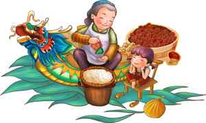 端午节传统习俗插画：包粽子与龙舟元素