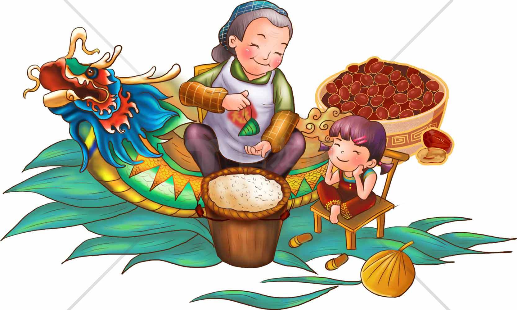 端午节传统习俗插画：包粽子与龙舟元素素材