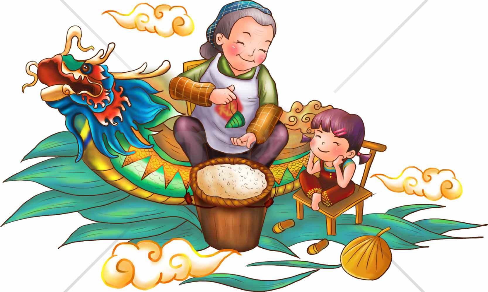 端午节习俗插画：粽子制作与龙舟主题素材