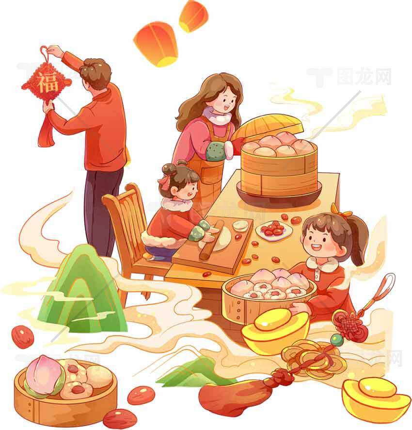 春节家庭团圆包饺子插画素材