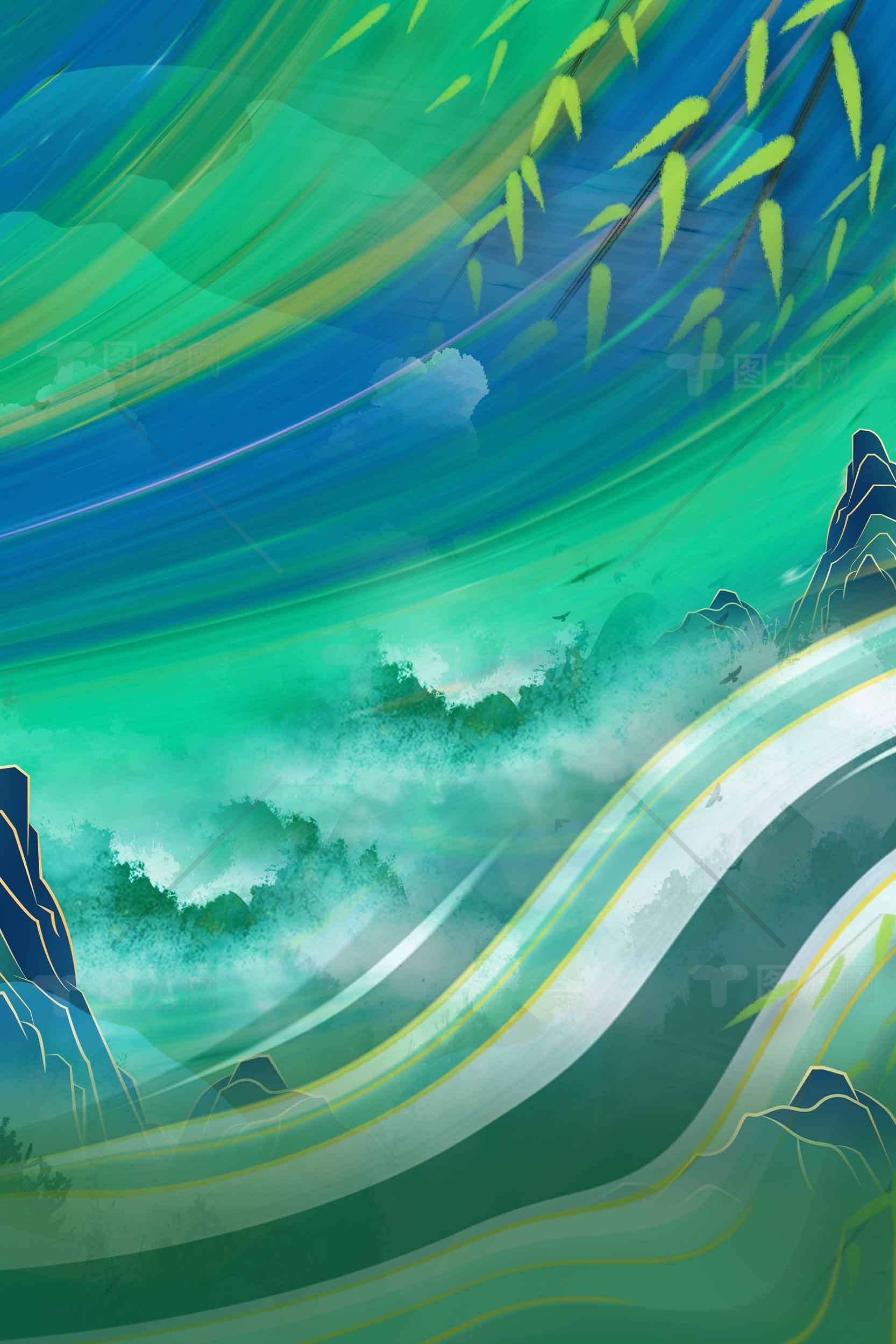 梦幻海洋风景插画：绿色与蓝色的交织之美素材