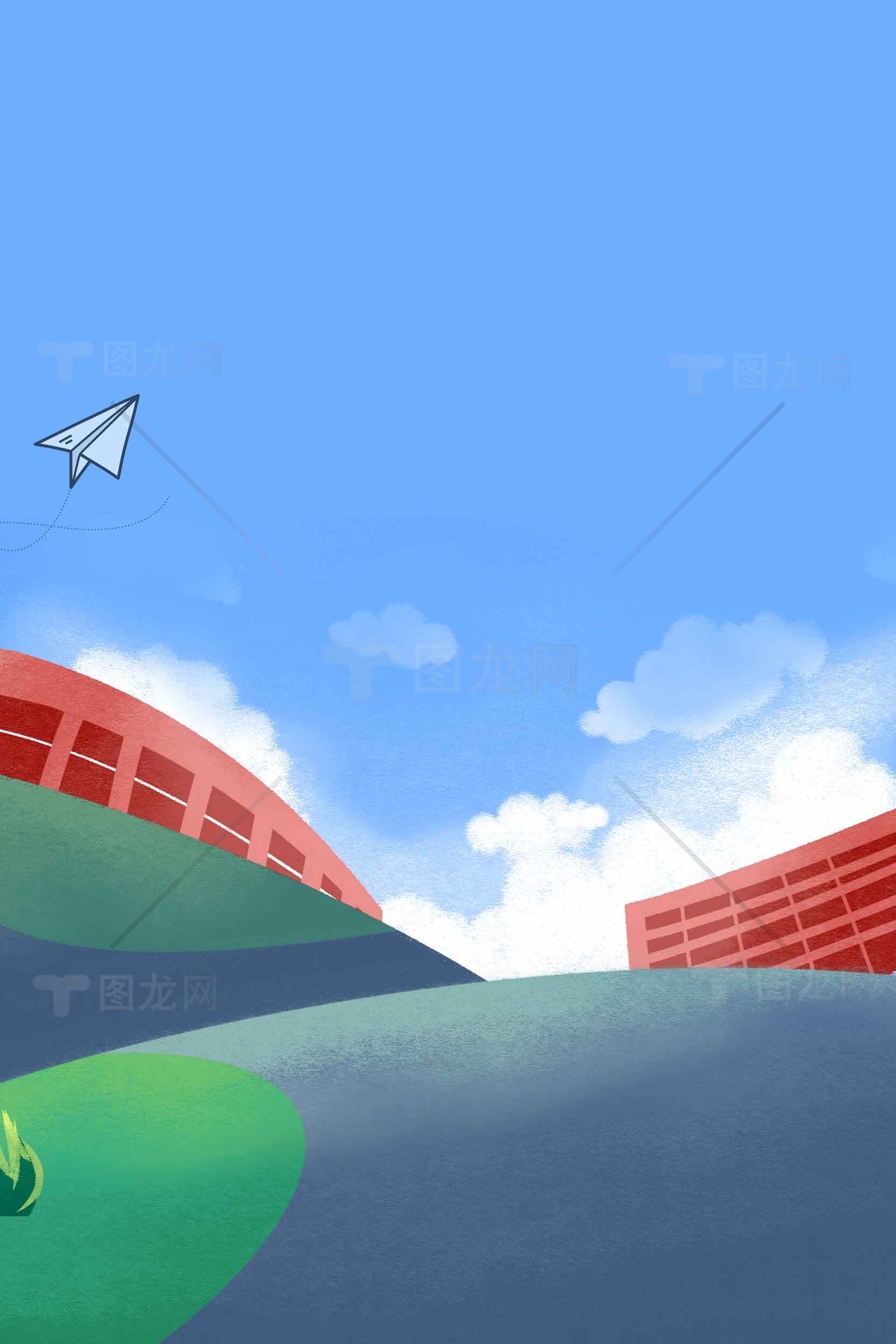 蓝天白云校园风景插画素材