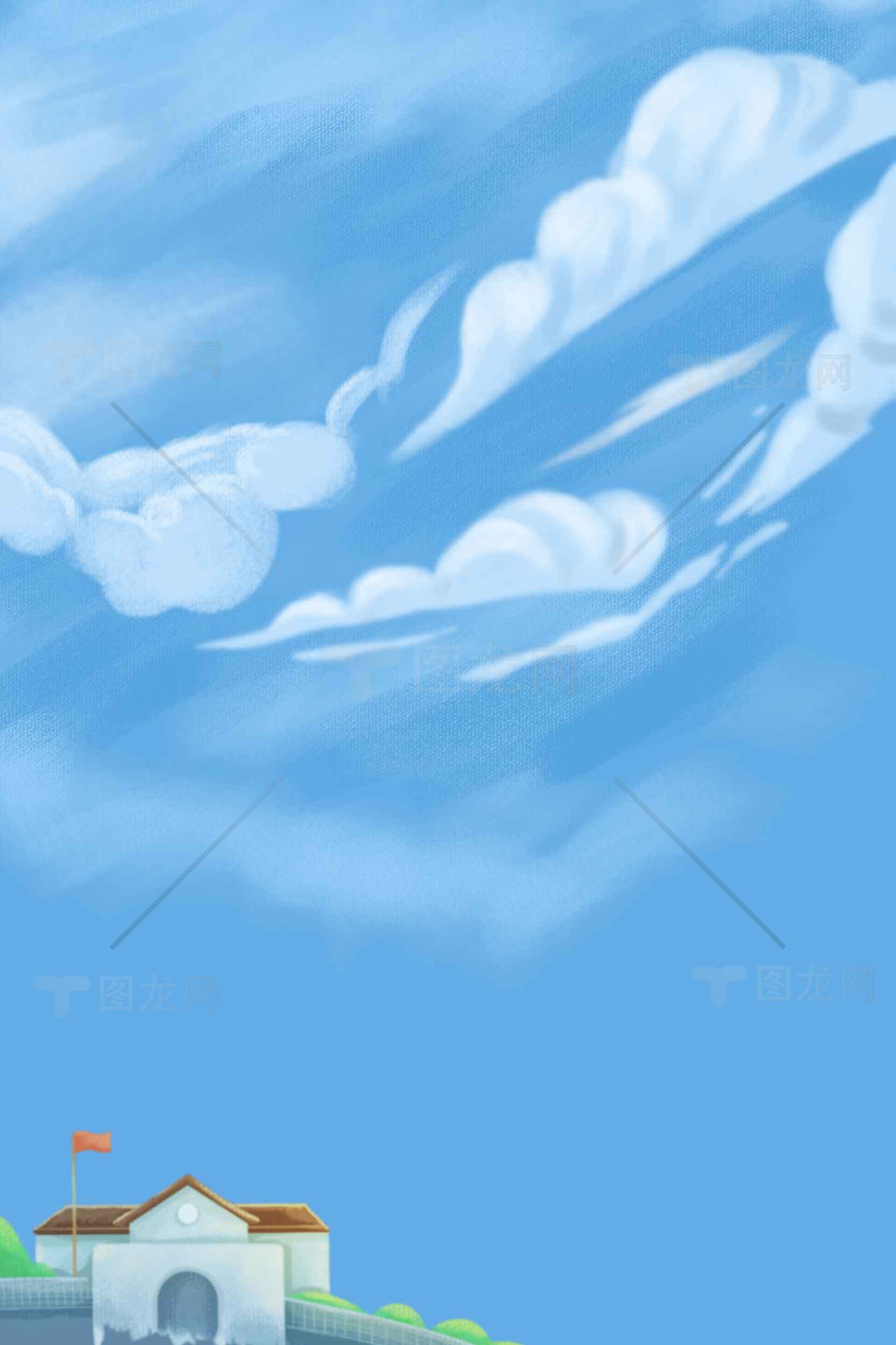 蓝天白云下的建筑风景插画素材