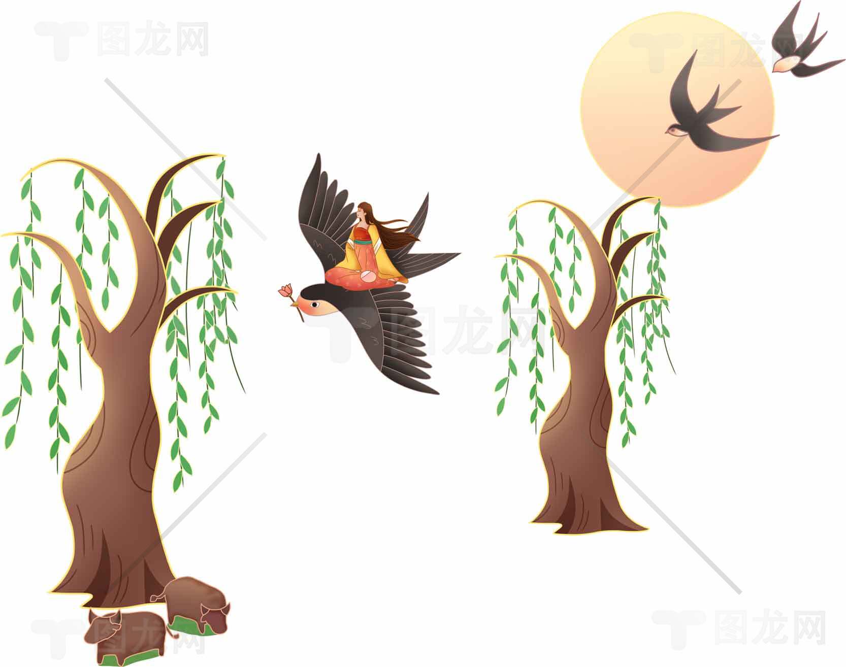 春天的柳树与飞鸟插画设计素材