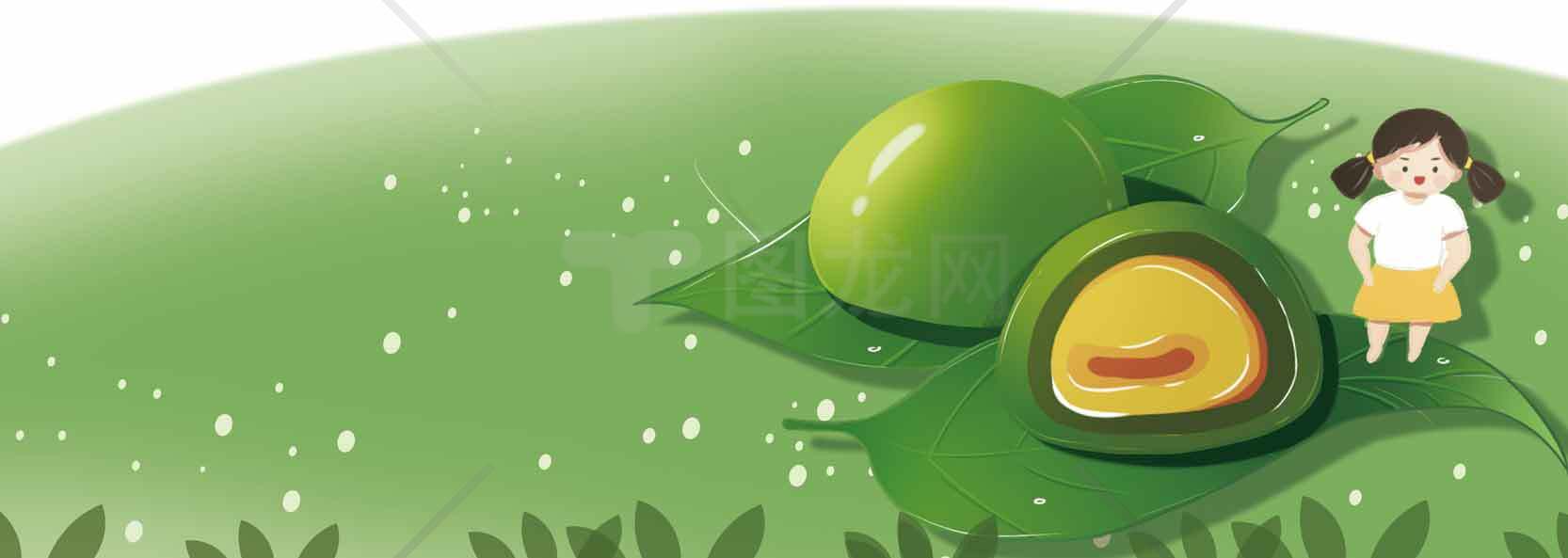 清新绿色插画风格的牛油果与女孩场景素材