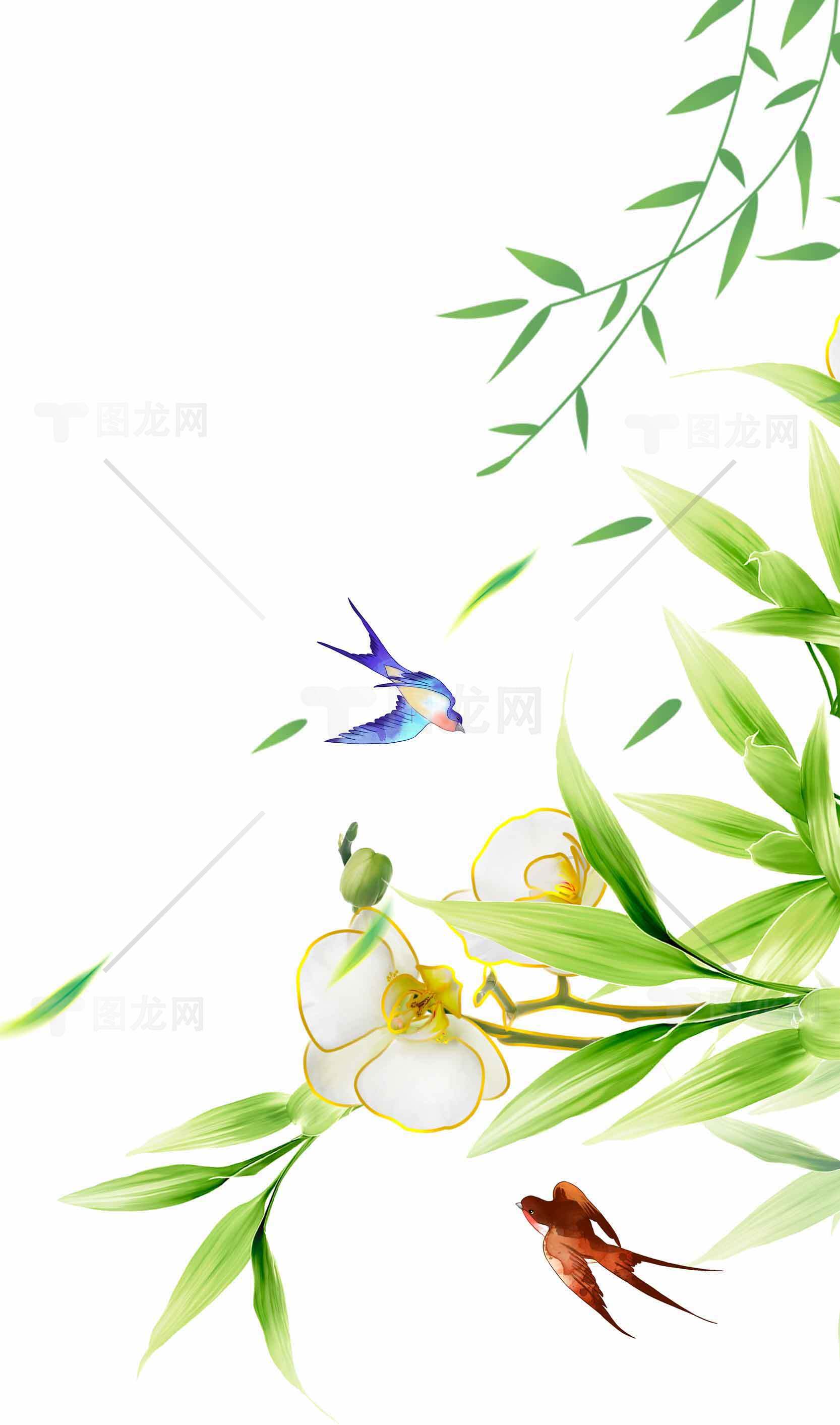 清新自然风格的竹叶与飞鸟水彩画背景素材