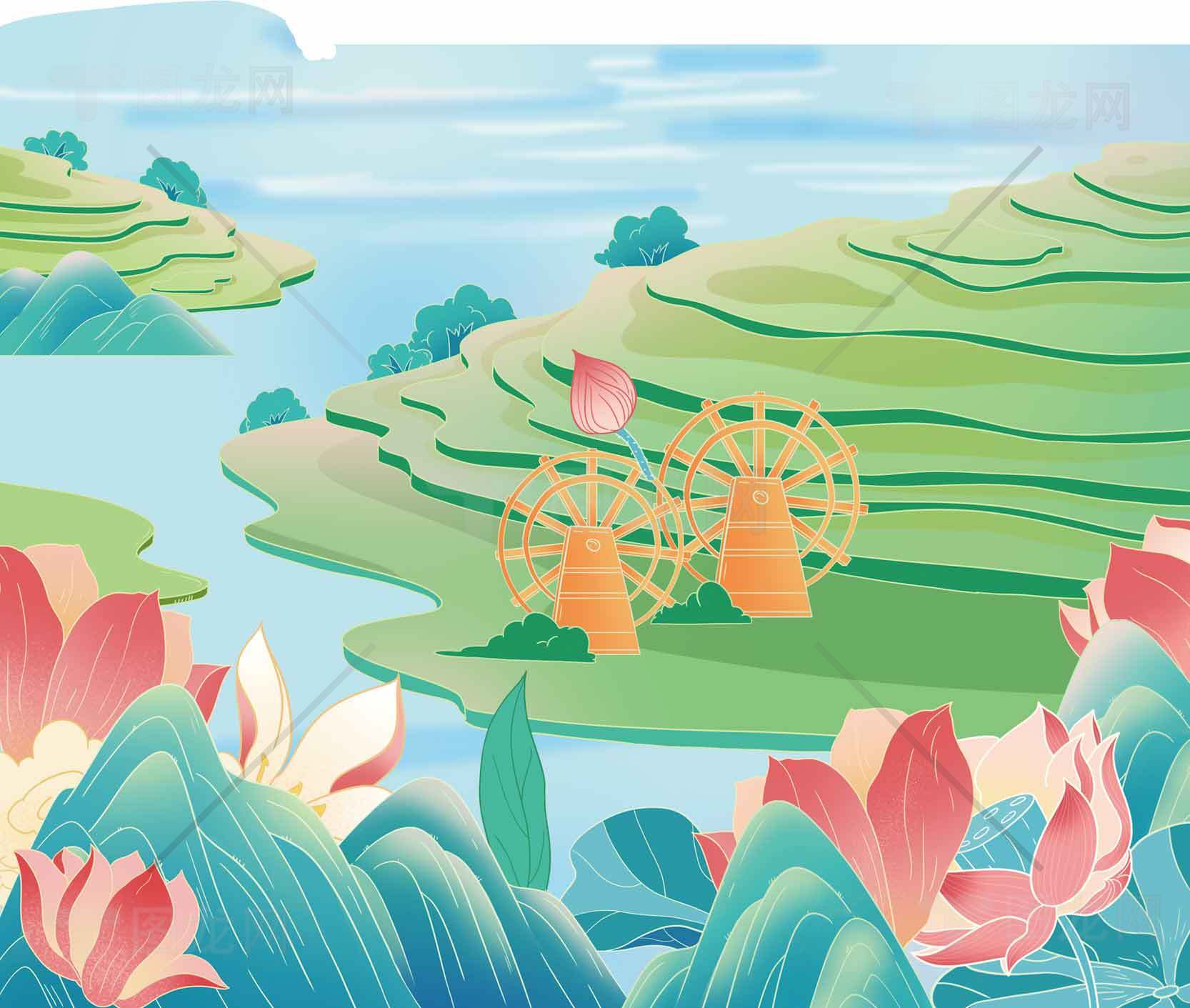 唯美山水田园风光插画：荷花与梯田的诗意画卷素材