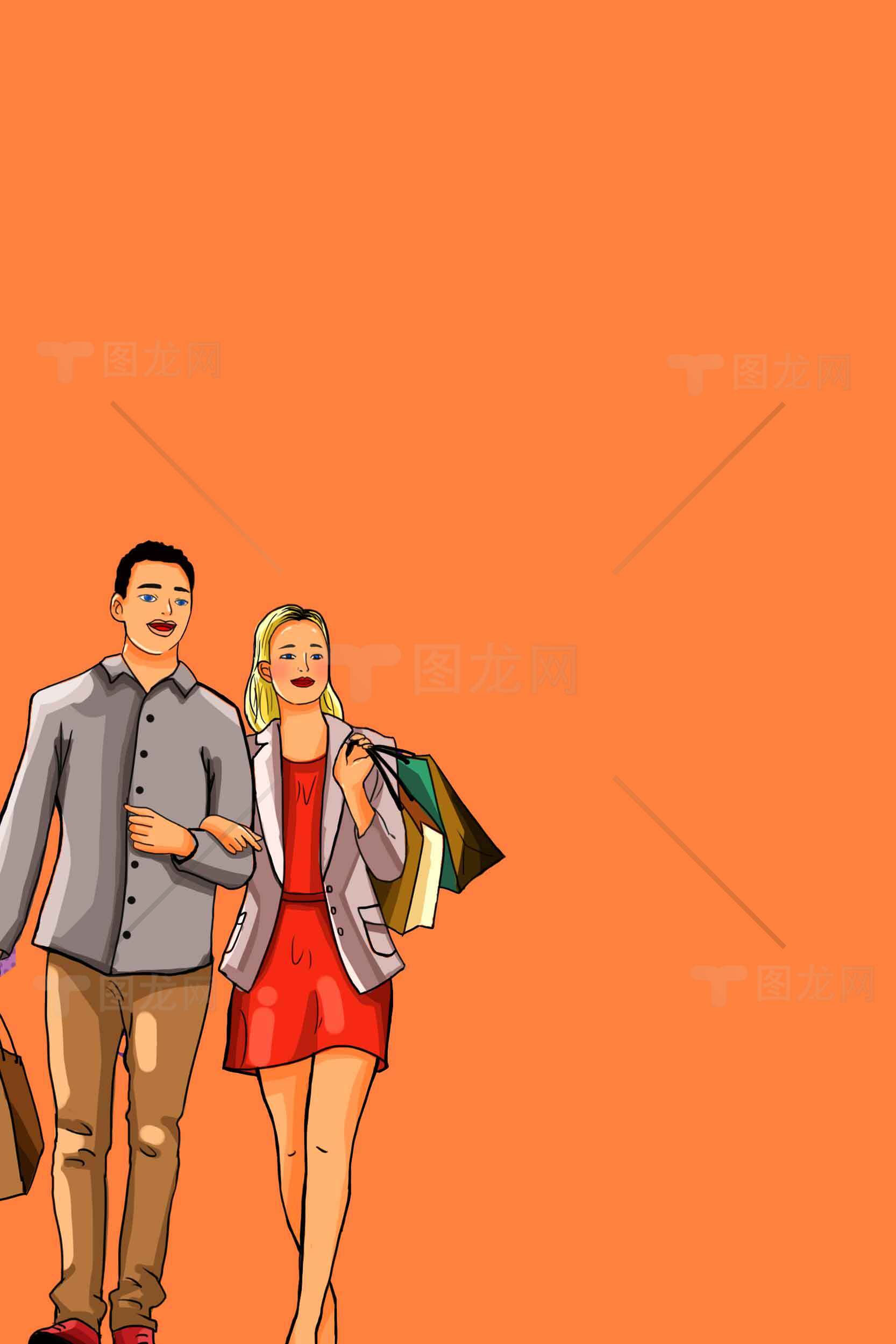 时尚购物情侣插画图片素材
