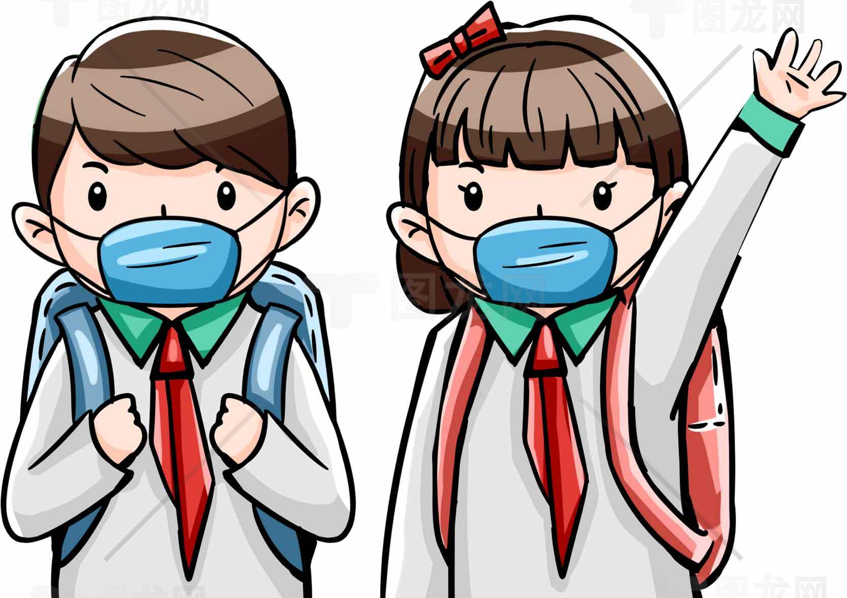 戴口罩的学生卡通插画素材