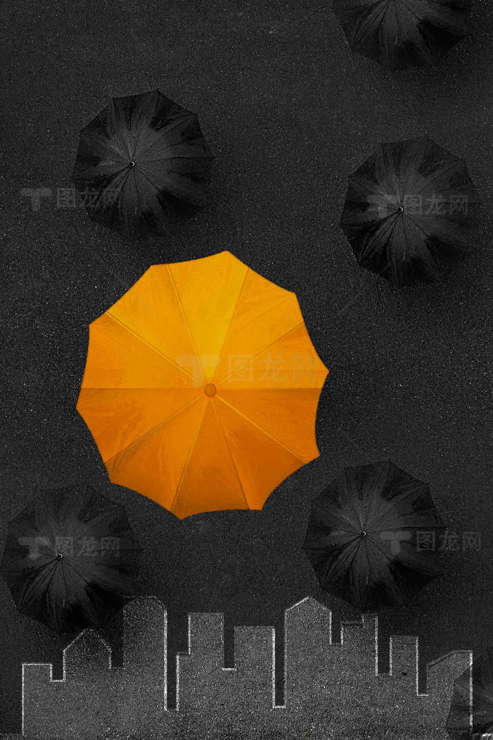 独特橙色雨伞与黑色背景的城市街景素材