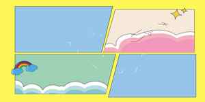 卡通风格四格背景设计：蓝天、粉色沙滩与彩虹元素