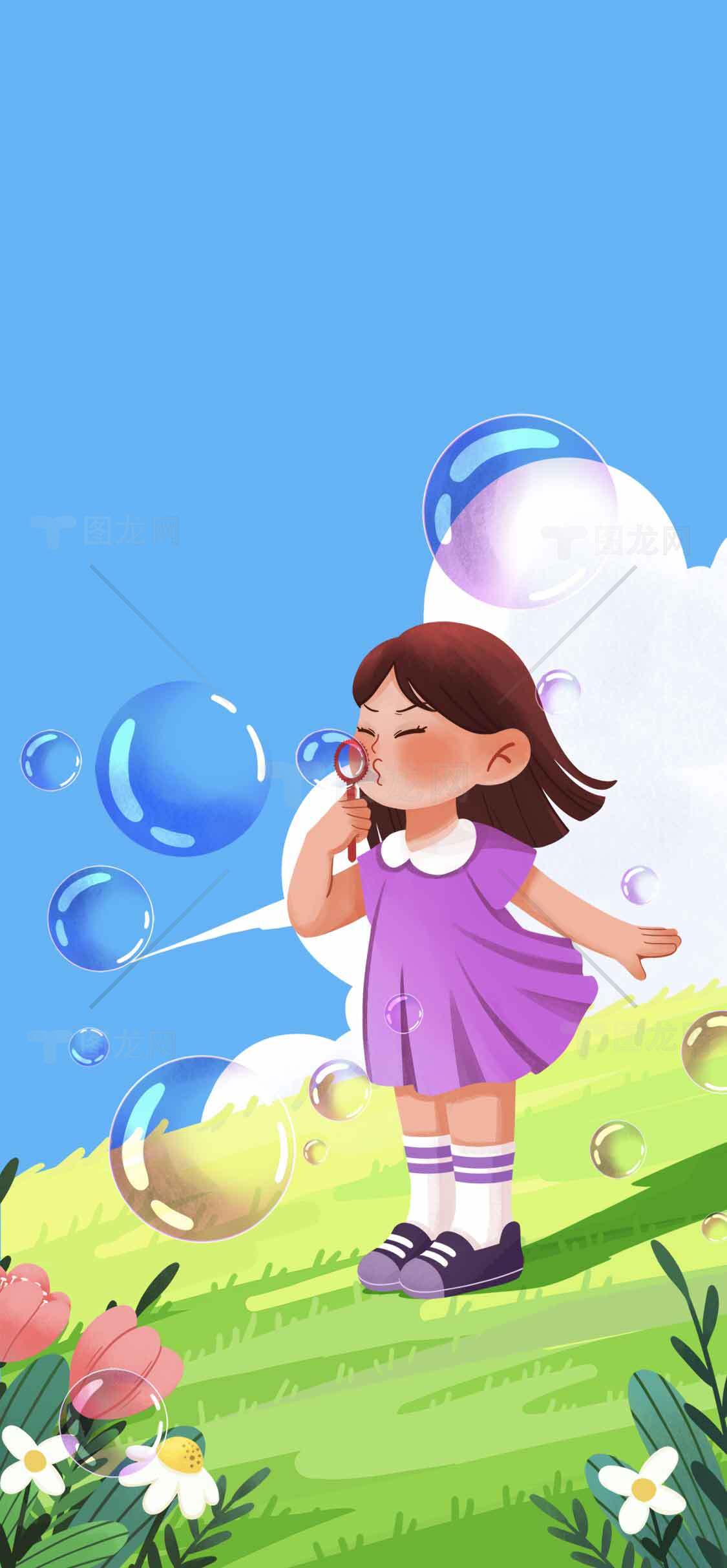 女孩吹泡泡的春日田野插画素材