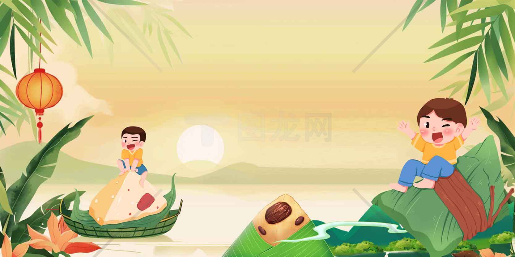 端午节传统文化插画：粽子与自然风光素材