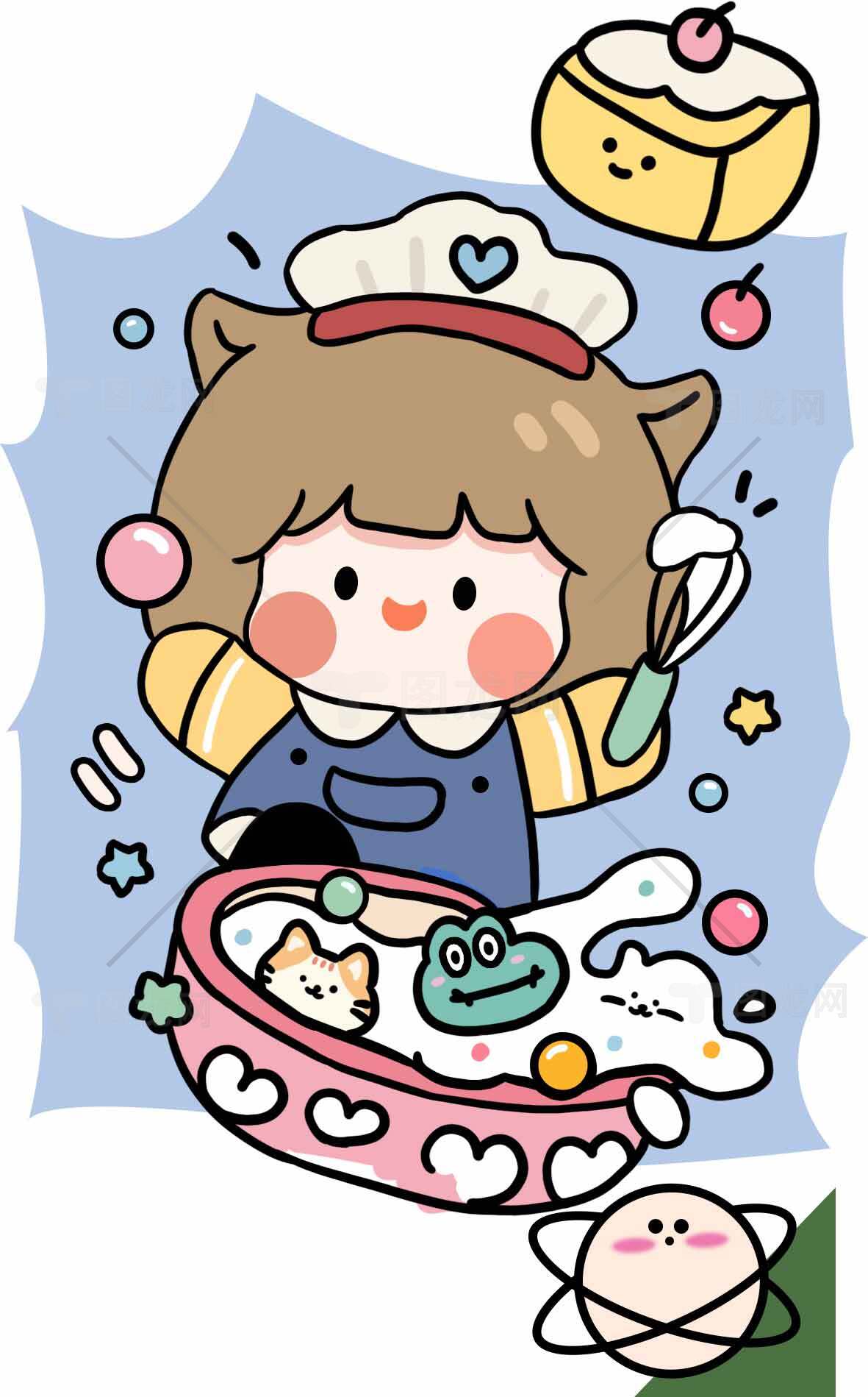 萌系卡通女孩制作甜点插画素材