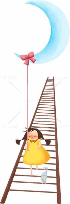 女孩攀登梯子触碰月亮的梦幻插图素材