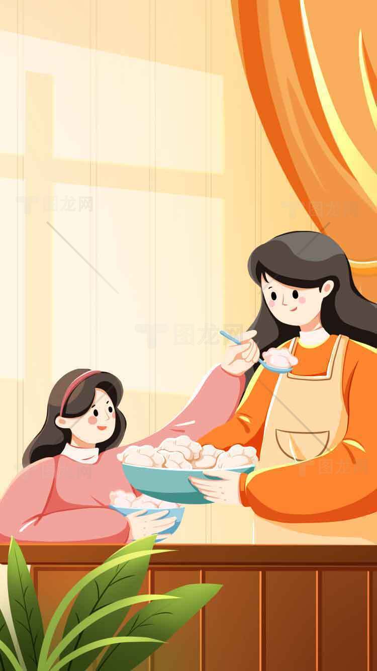 温馨家庭早餐插画：母女共享美好时光素材