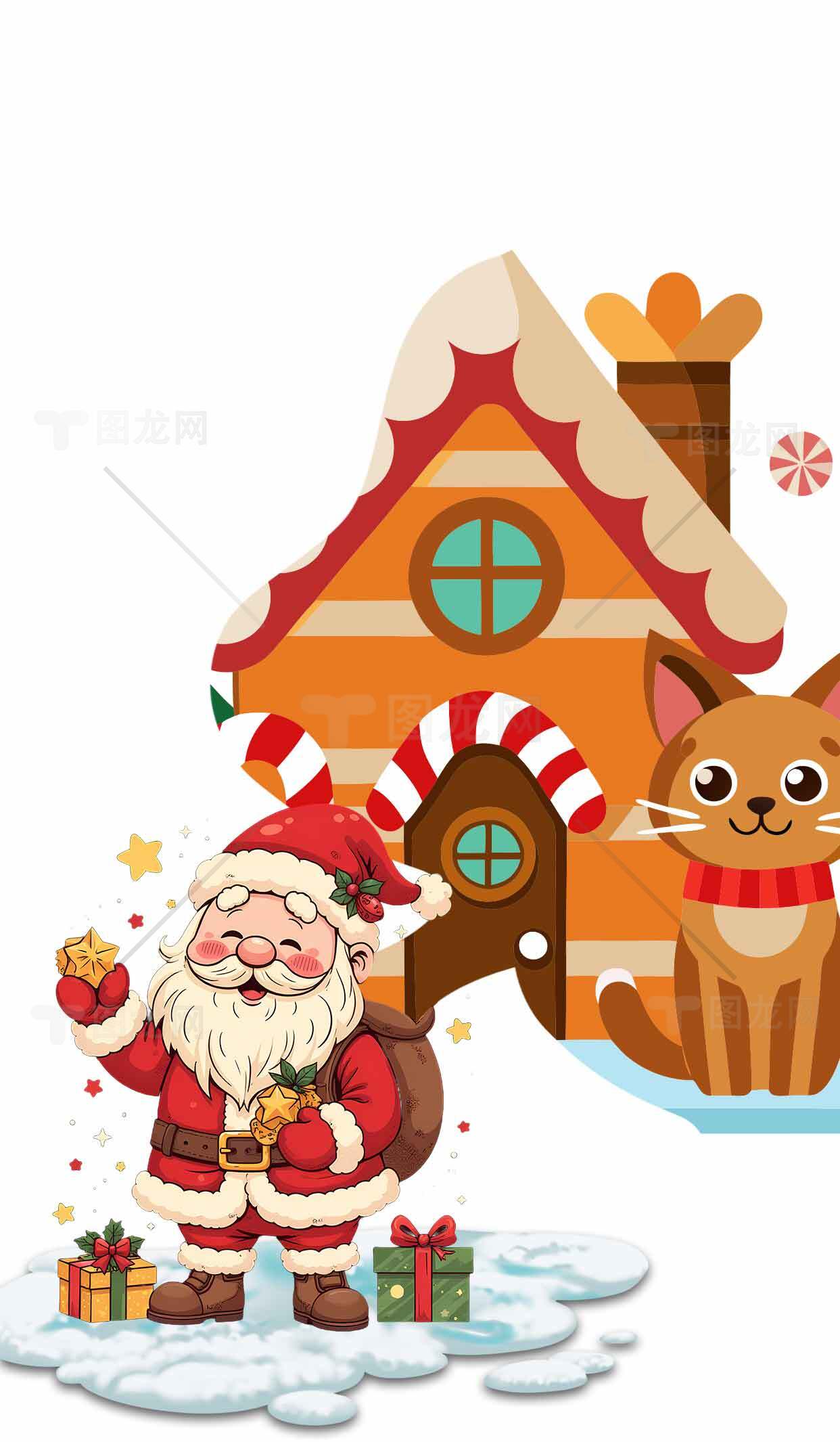 圣诞老人和姜饼屋插画图片素材