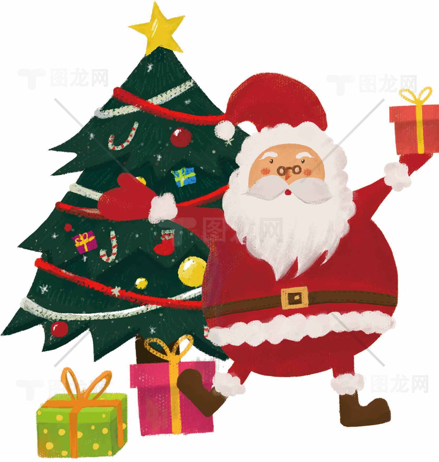 圣诞老人与圣诞树的节日欢乐插画素材