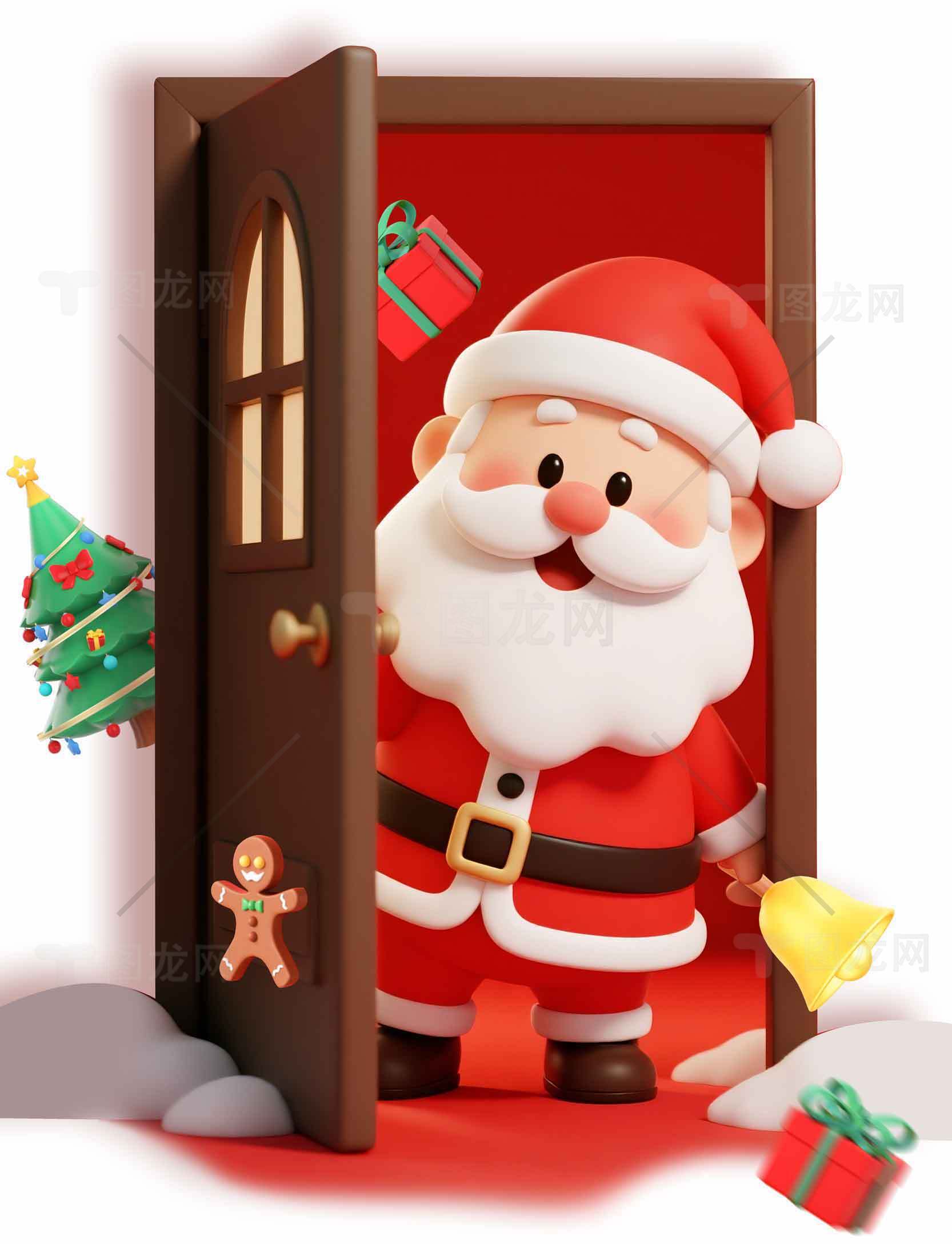 圣诞老人开门迎接节日欢乐的卡通插画素材