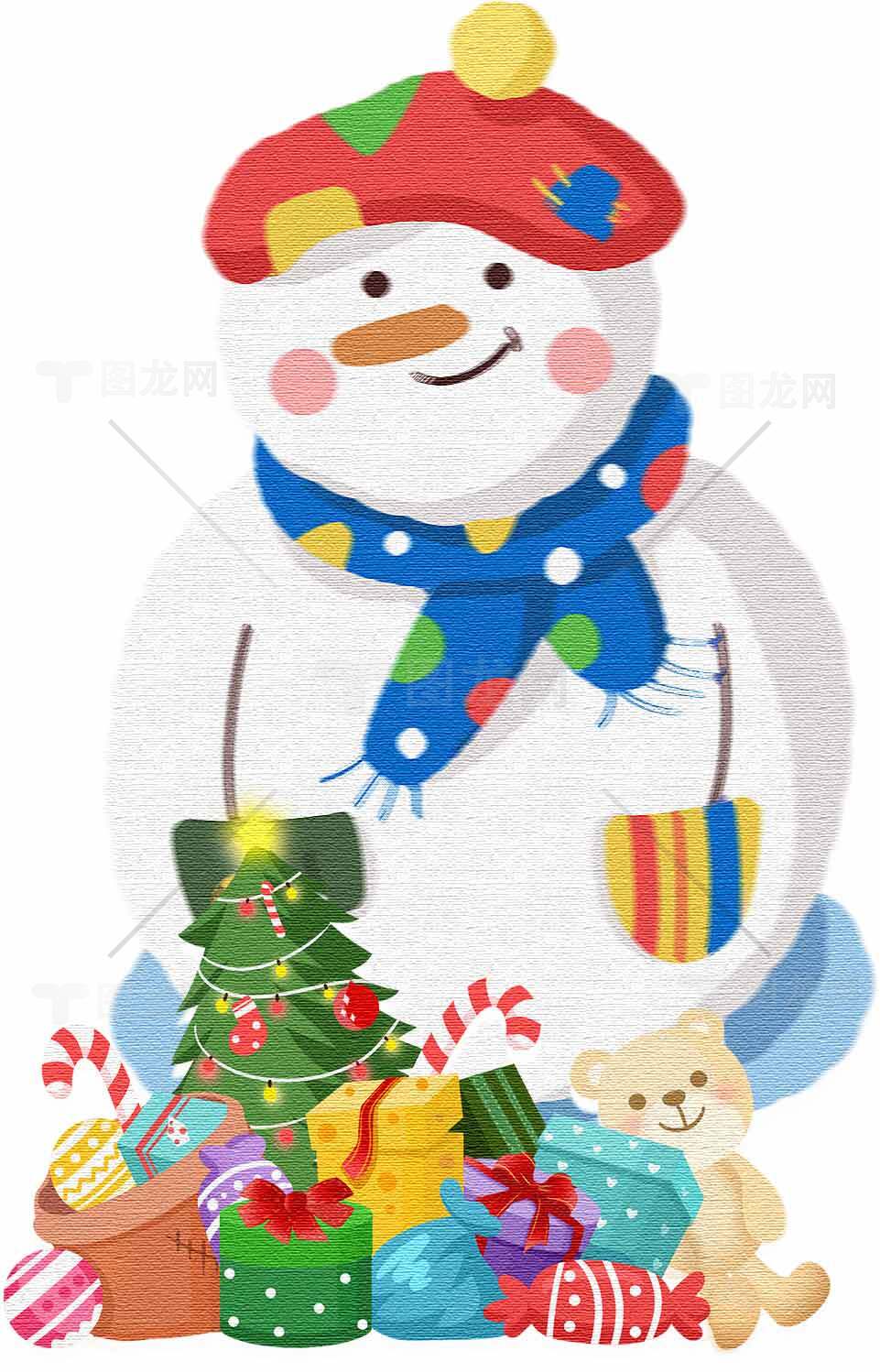 圣诞雪人与礼物的温馨场景插画素材