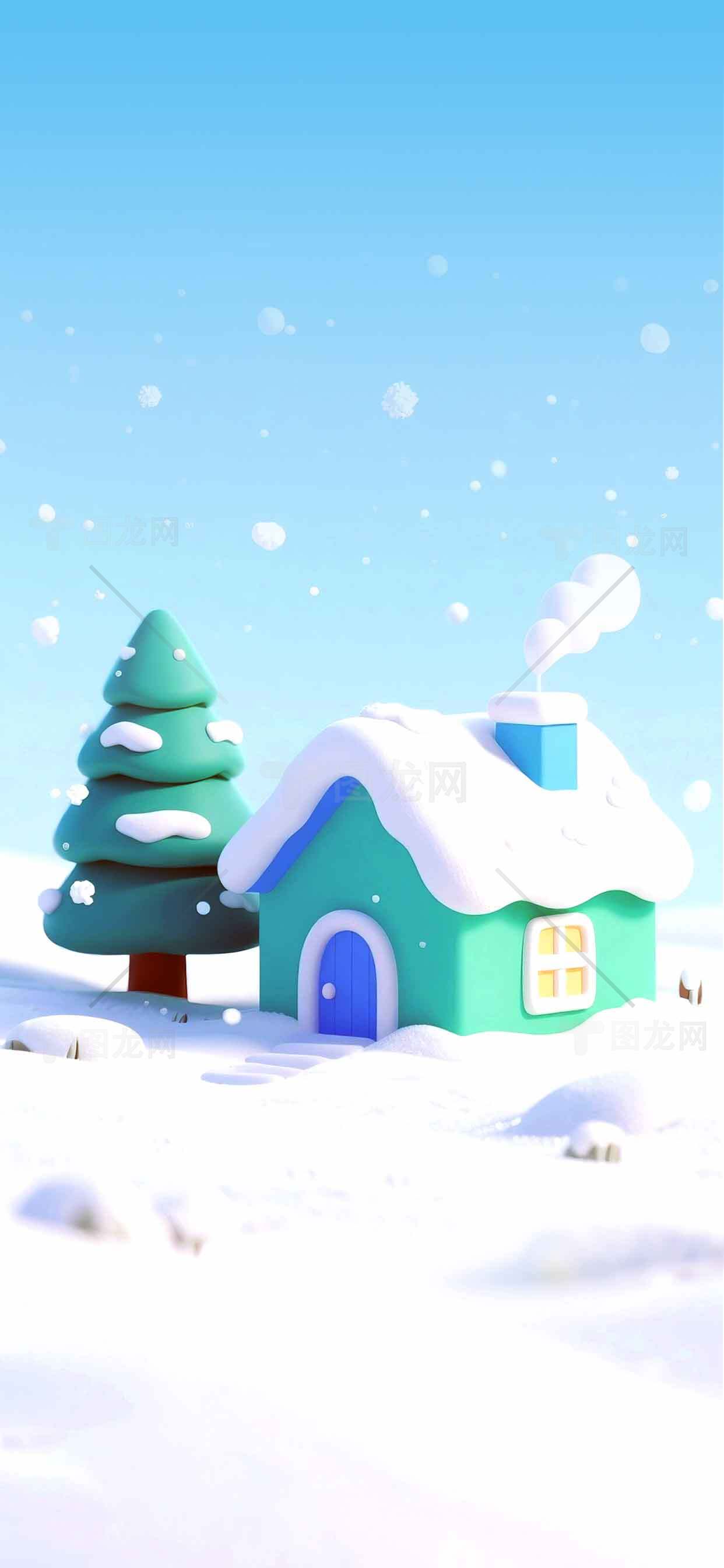 冬季童话雪景小屋插画素材