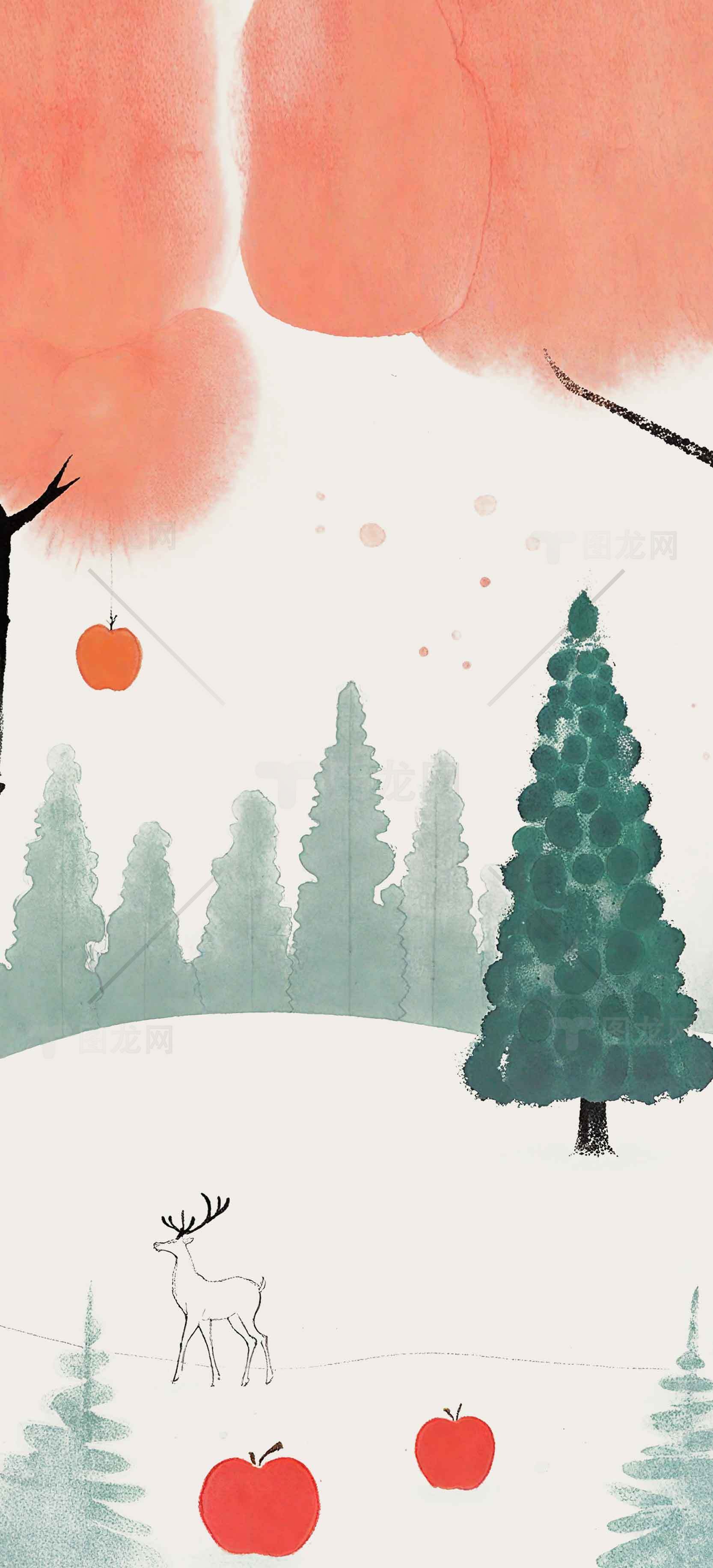 唯美水墨风森林与鹿插画背景素材