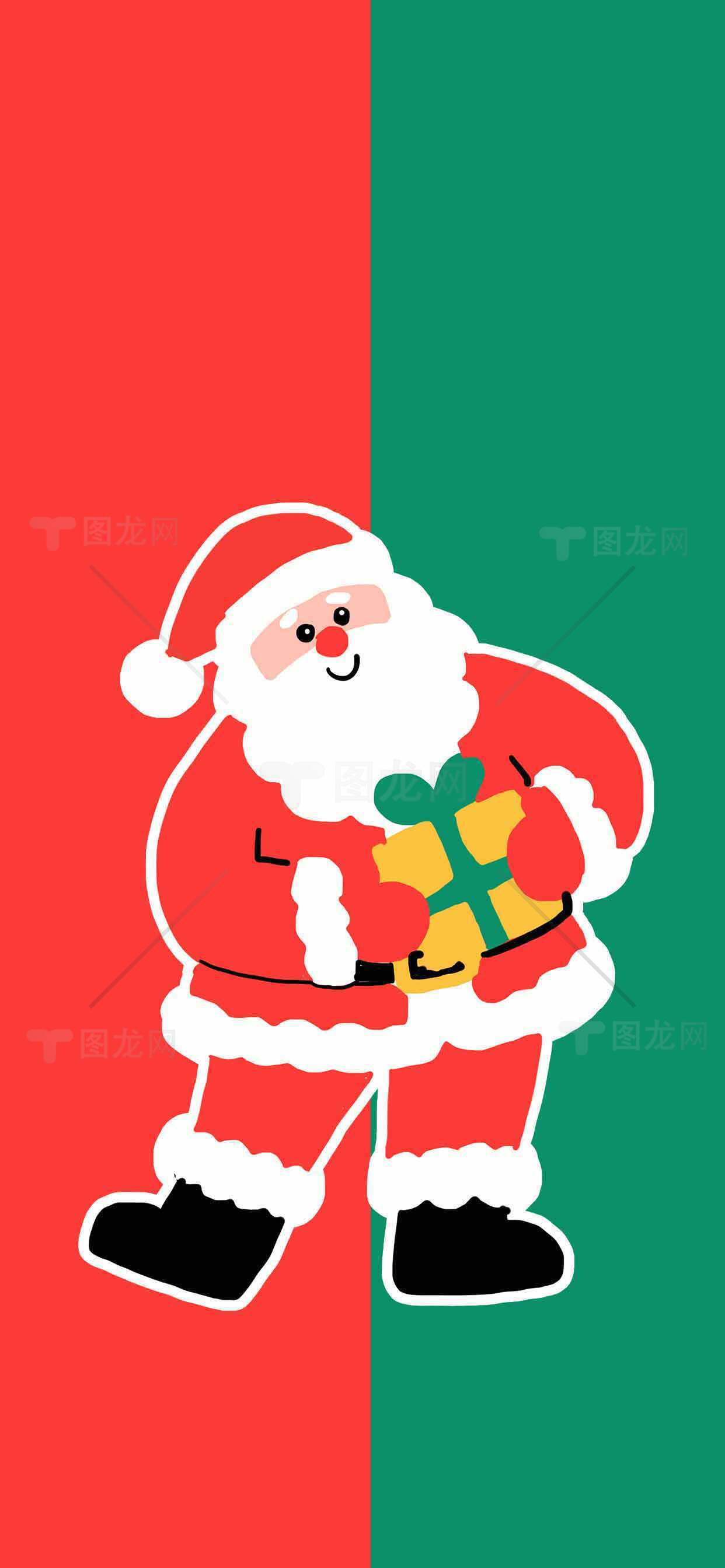 圣诞老人手持礼物红绿背景插画素材