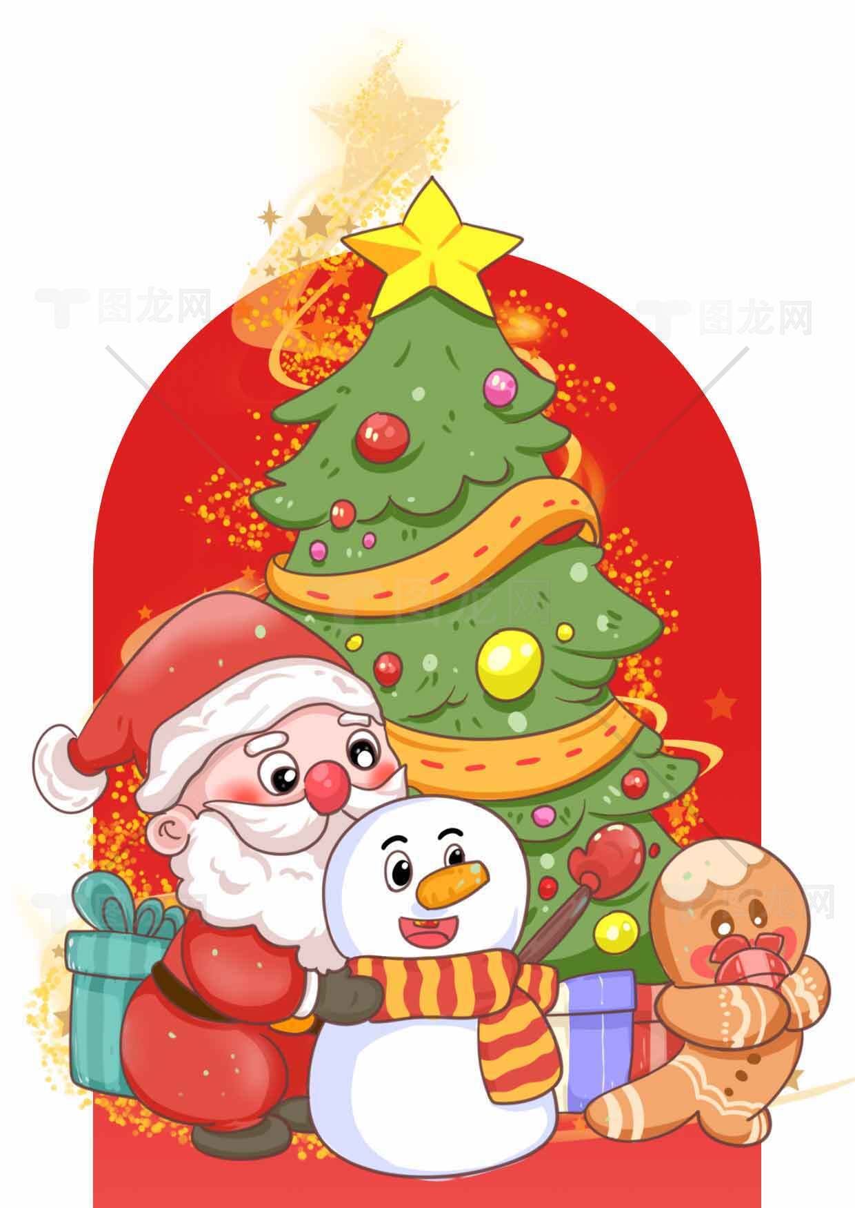 圣诞节卡通插画：圣诞老人、雪人和圣诞树的欢乐场景素材
