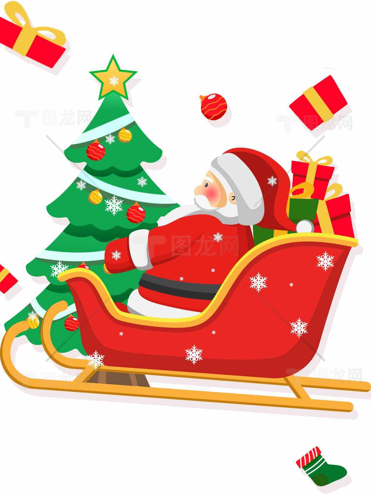 圣诞老人雪橇与圣诞树插画图片素材