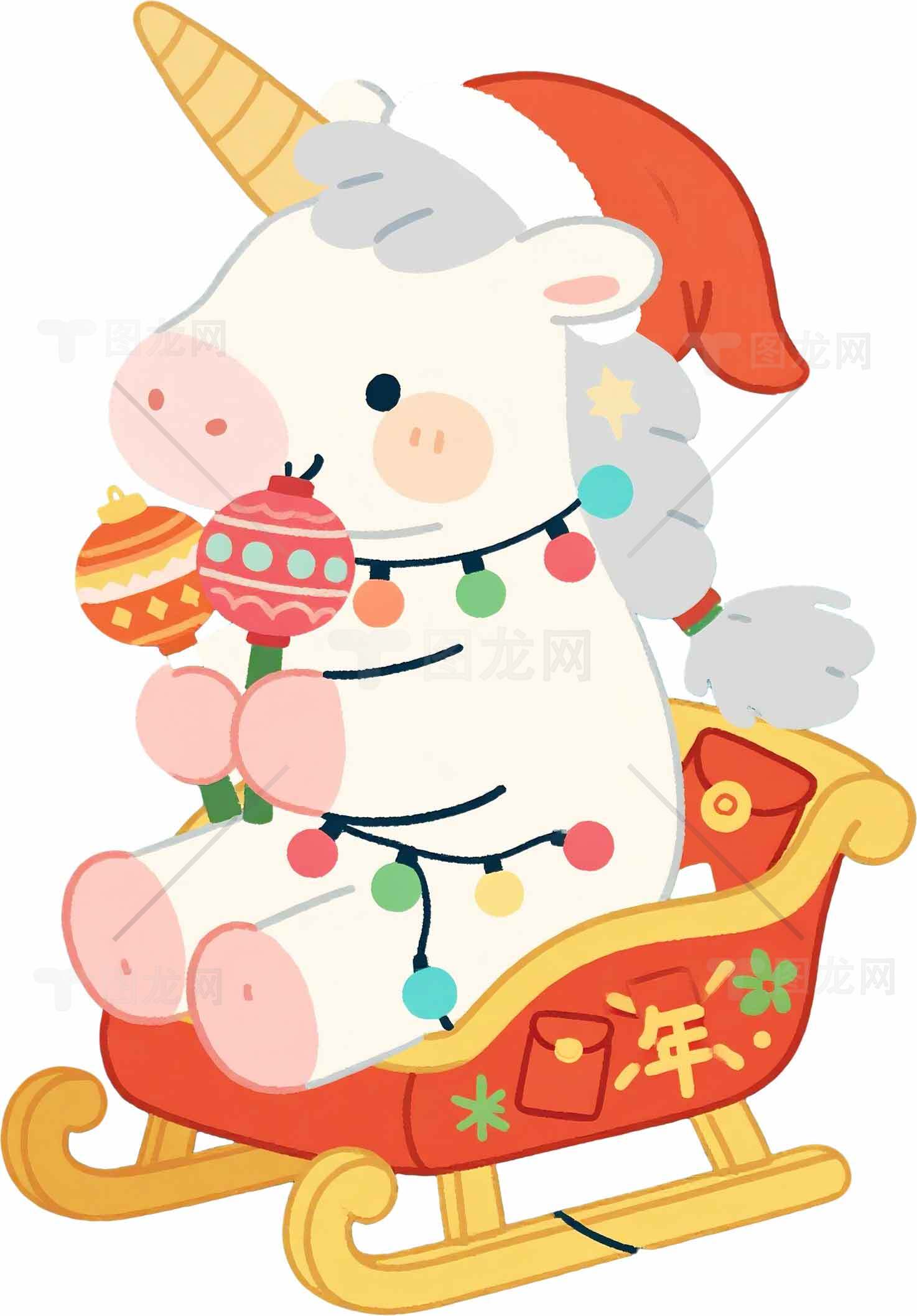圣诞独角兽插画：可爱节日装饰与雪橇设计素材